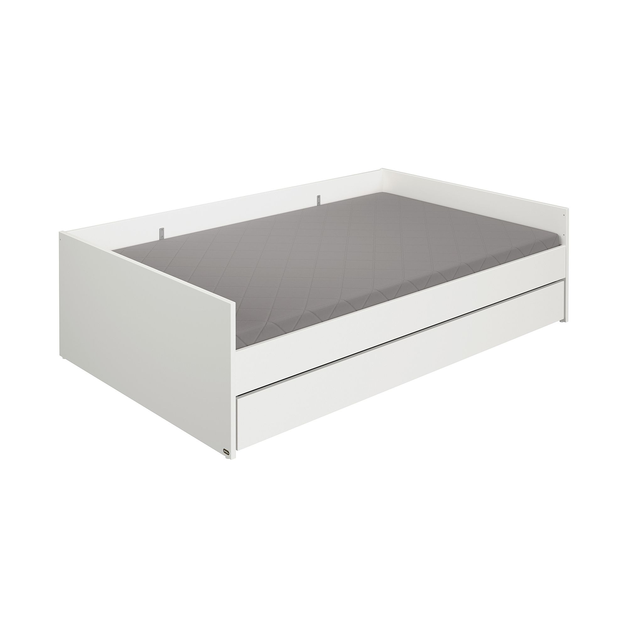 Kojenbett Lovely Aliv 120 x 200 cm, mit Bettkasten Weißes Daybed mit grauer Matratze und unterer ausziehbarer Schublade.