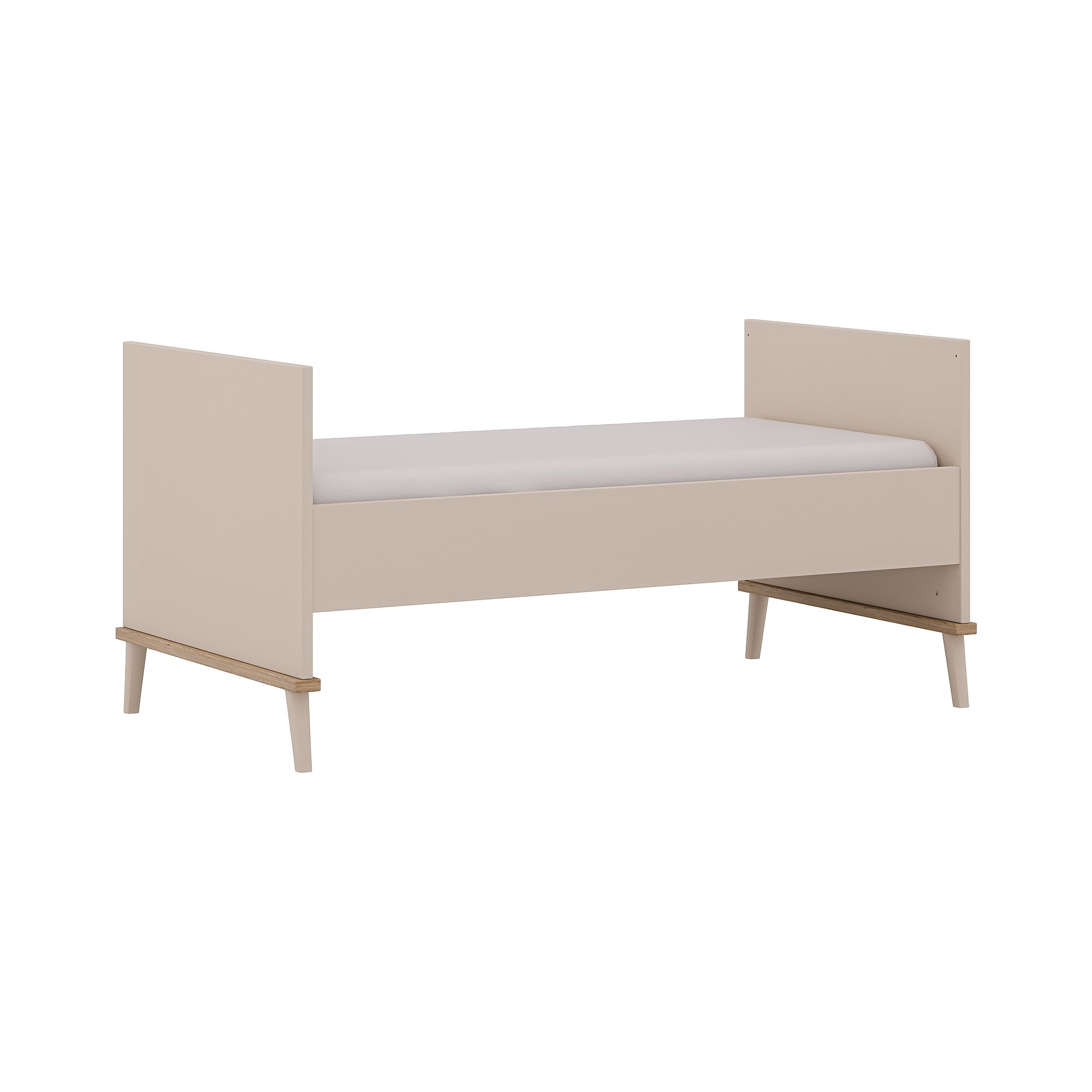 Minimalistisches beiges Einzelbett mit hellen Holzbeinen und weißer Matratze.