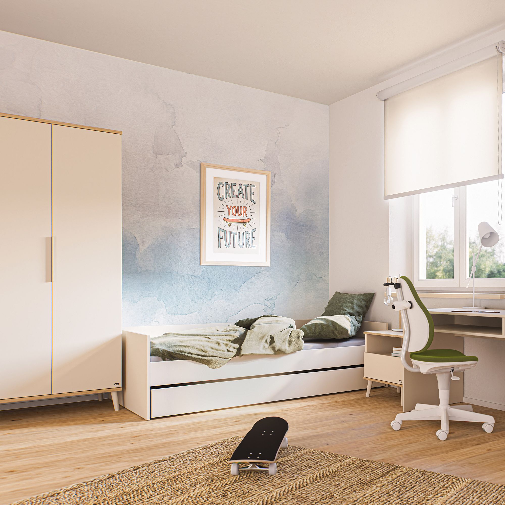 Minimalistisches Schlafzimmer mit einem Bett, einem Schreibtisch, einem Kleiderschrank und einem Create Your Future-Poster.