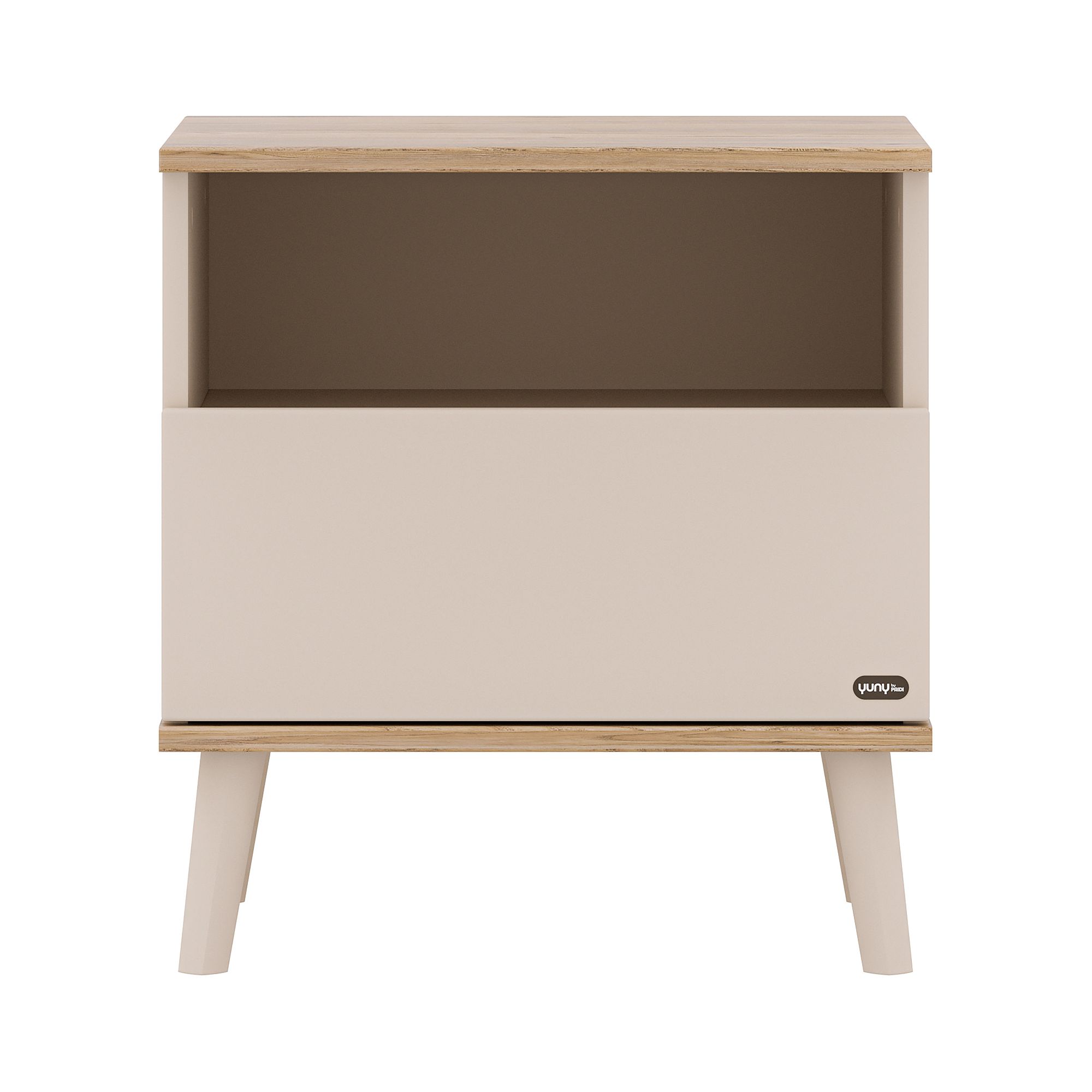 Nachttisch aus hellem Holz und Beige mit offenem Regal und einer geschlossenen Schublade.