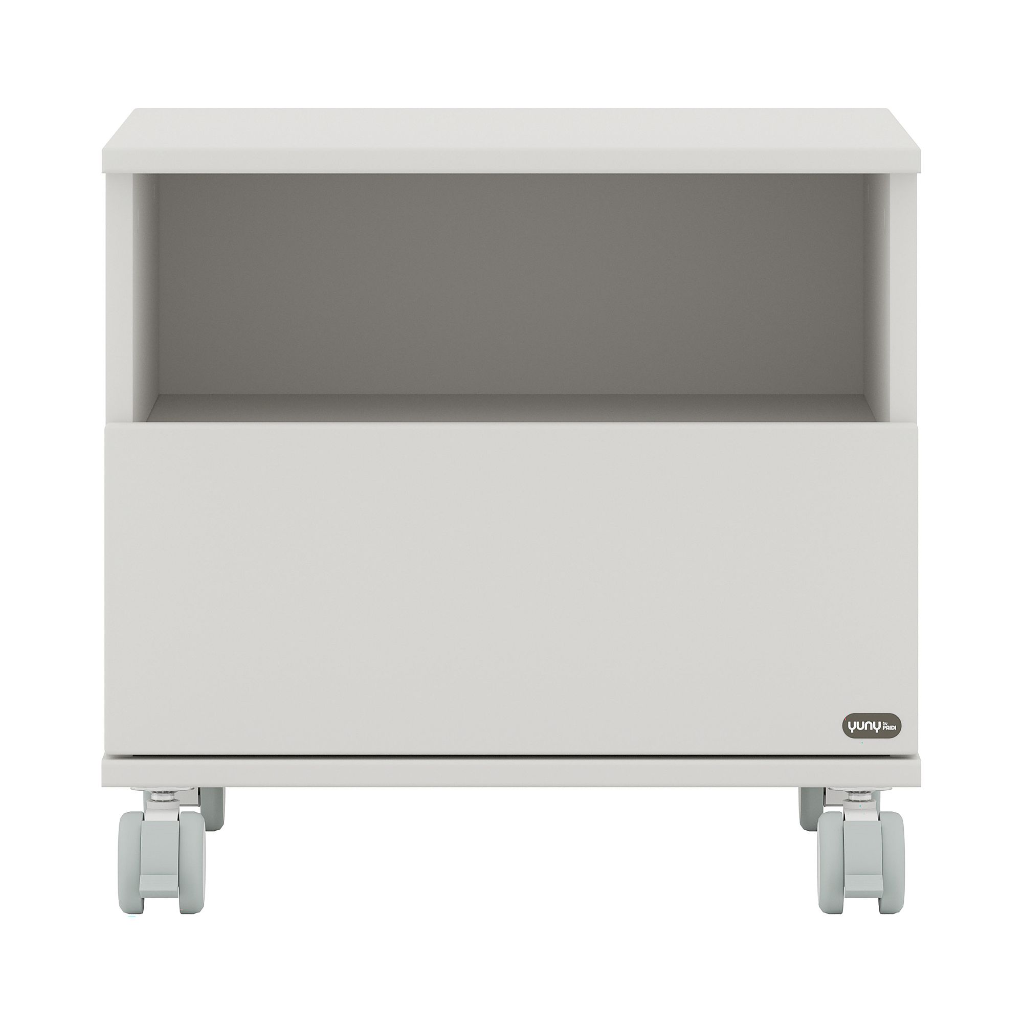 Weißer Rollcontainer mit offenem Regal und vier Rädern, Vorderansicht.