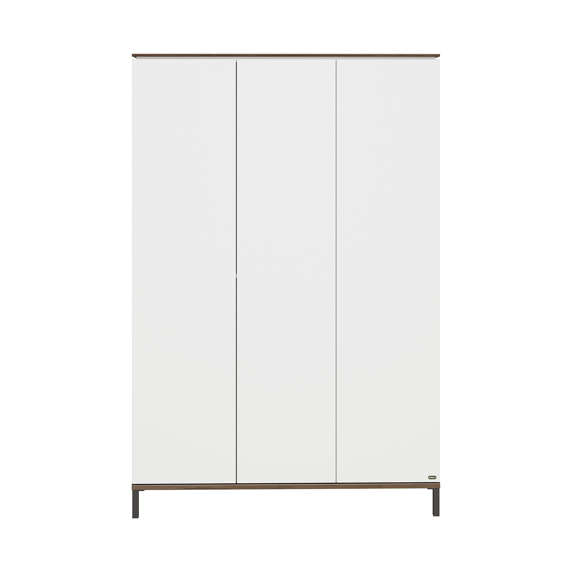 Weißer dreitüriger Kleiderschrank mit minimalistischem Design und dunklen Beinen.