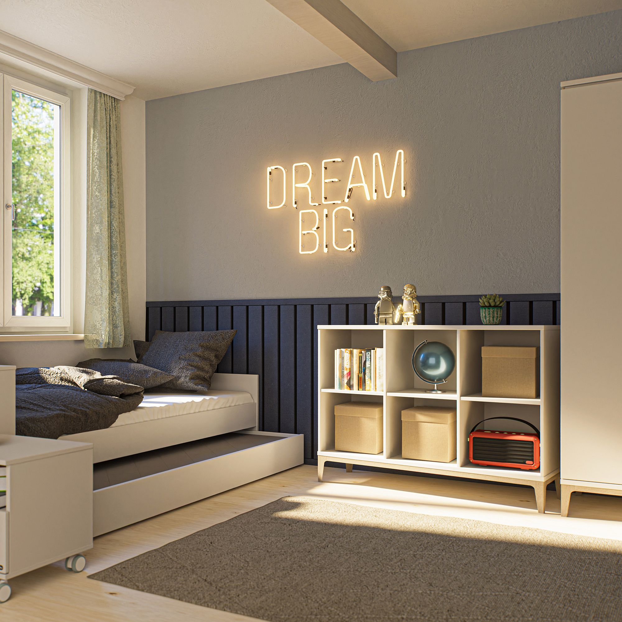Ein gemütliches Schlafzimmer mit DREAM BIG-Leuchtschrift über einem Regal und einem Einzelbett.