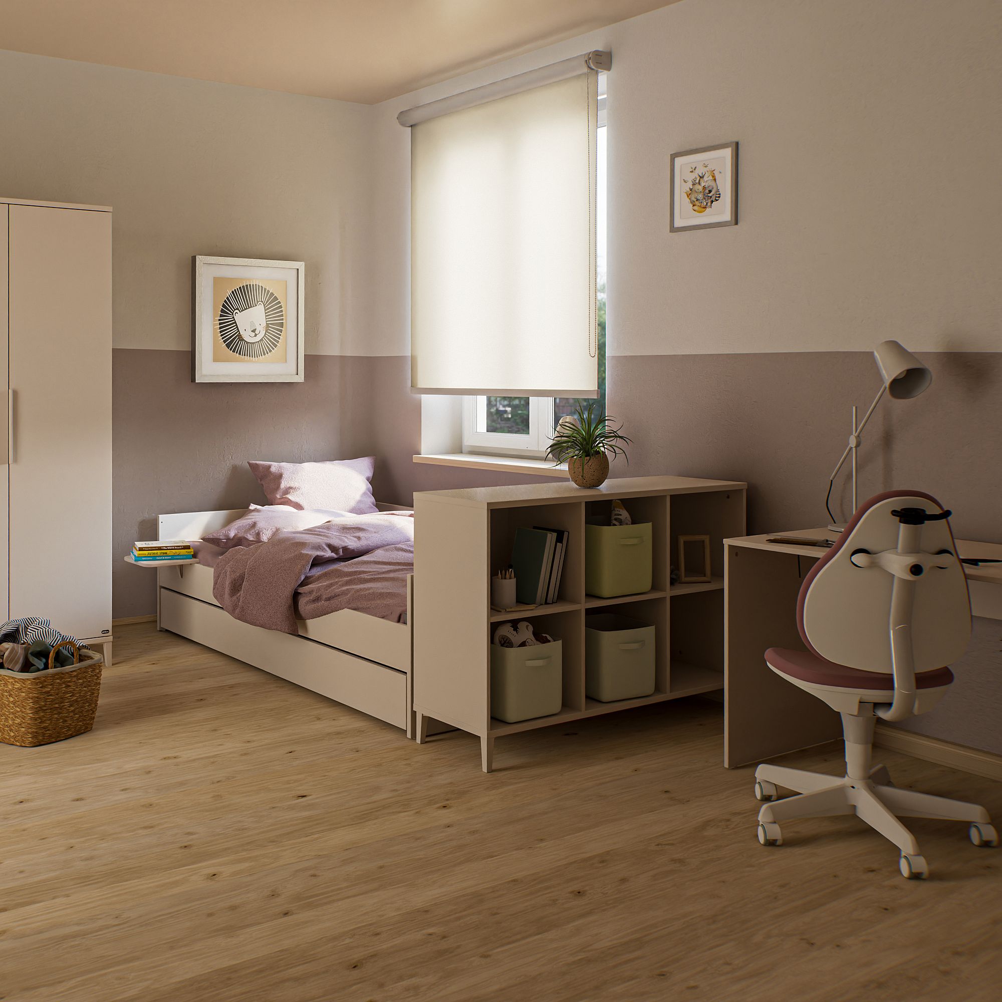 Ein gemütliches, modernes Schlafzimmer mit einem Bett, einem Schreibtisch, einem Stuhl und einem Stauraum an einem Fenster.