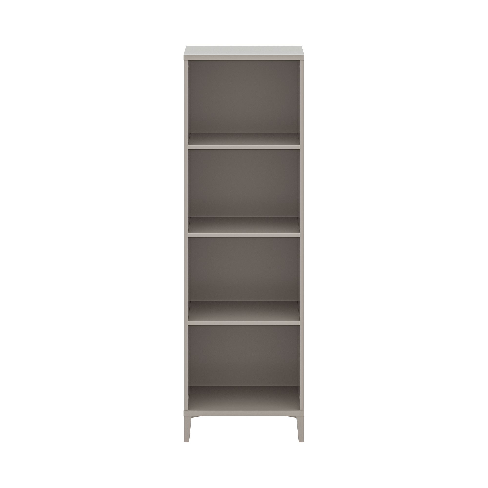 Hohes, graues Bücherregal mit vier Einlegeböden, abgebildet auf weißem Hintergrund.