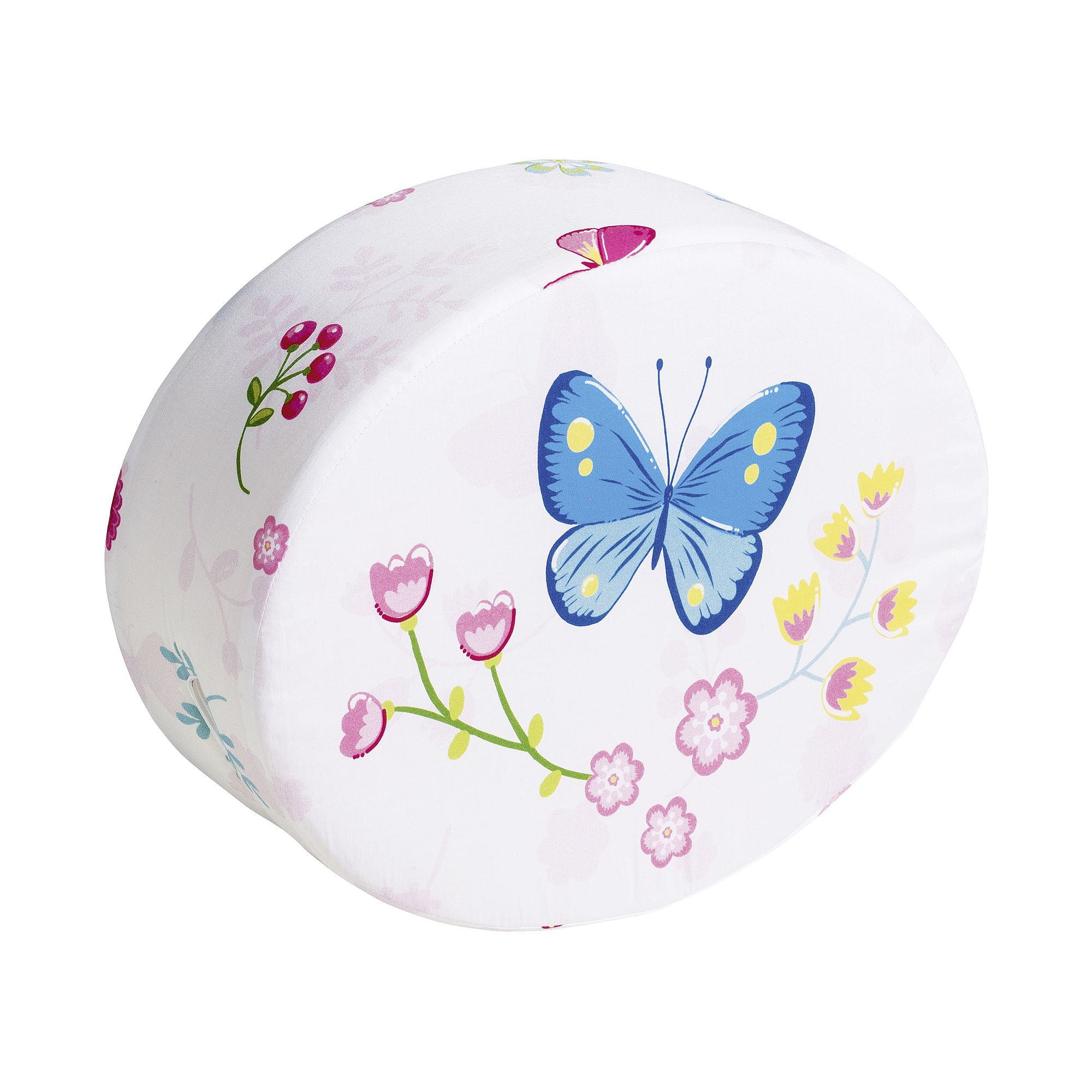 Weißes Kissen mit buntem Schmetterlings- und Blumenmuster.