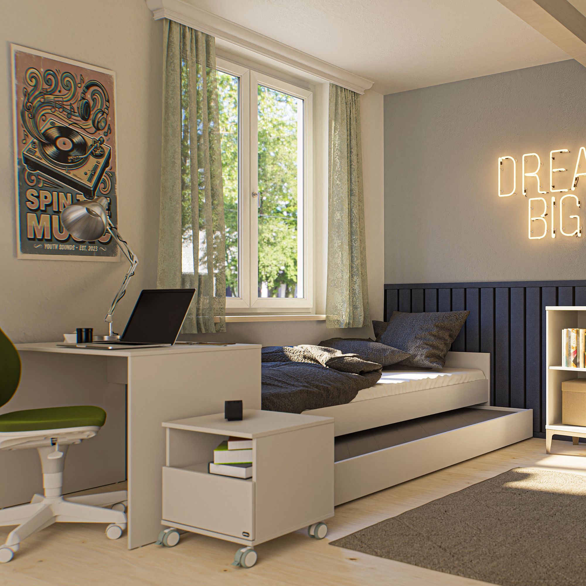 Modernes Schlafzimmer mit Schreibtisch, Bett, Fenster und dem Neonschild DREAM BIG.