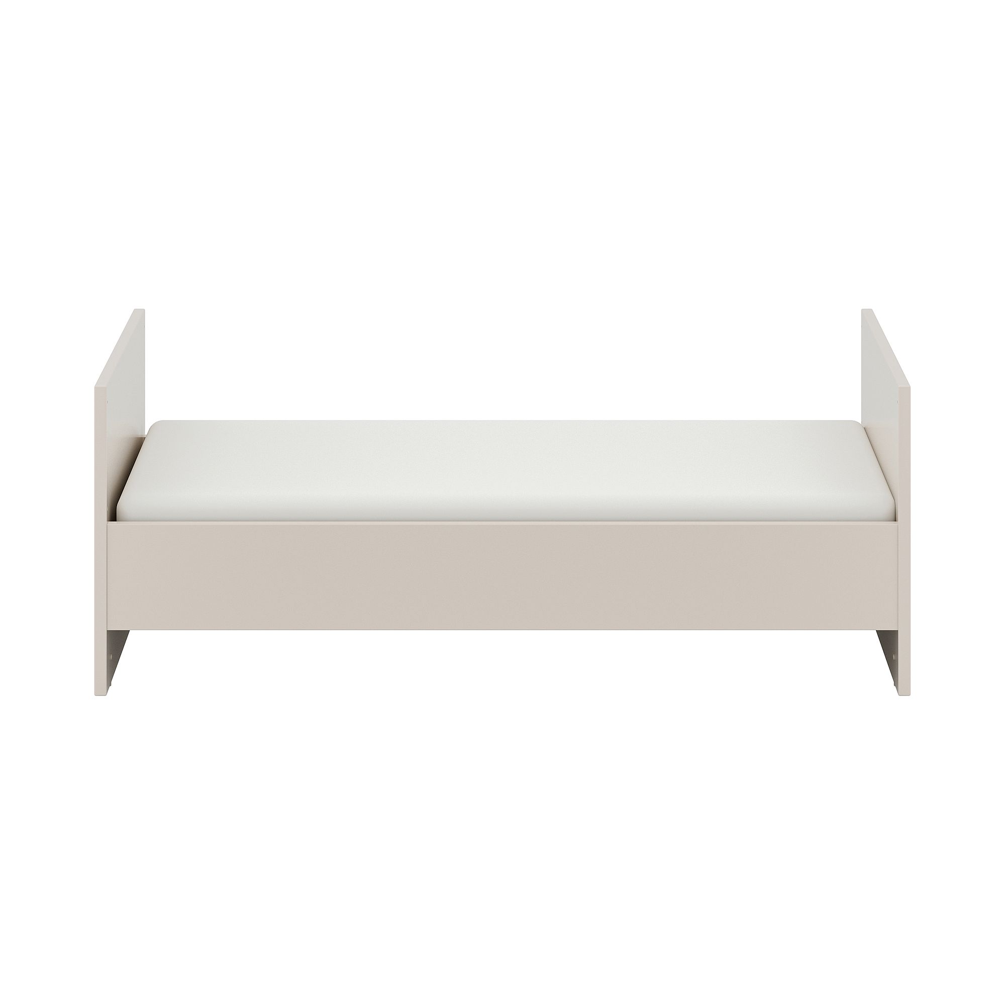 Minimalistisches Einzelbett mit hellbeigem Rahmen und weißer Matratze, Vorderansicht.