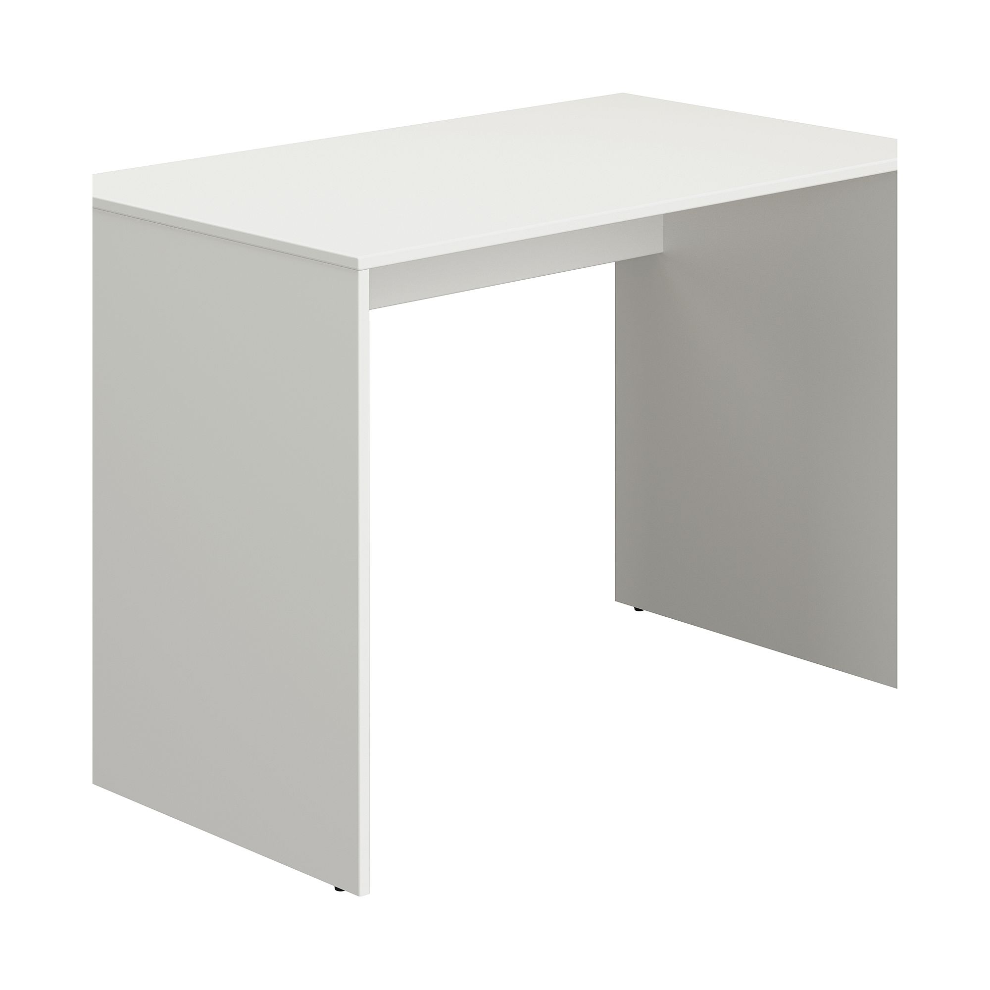 Minimalistischer weißer rechteckiger Schreibtisch mit massiven Seitenwänden auf weißem Hintergrund.