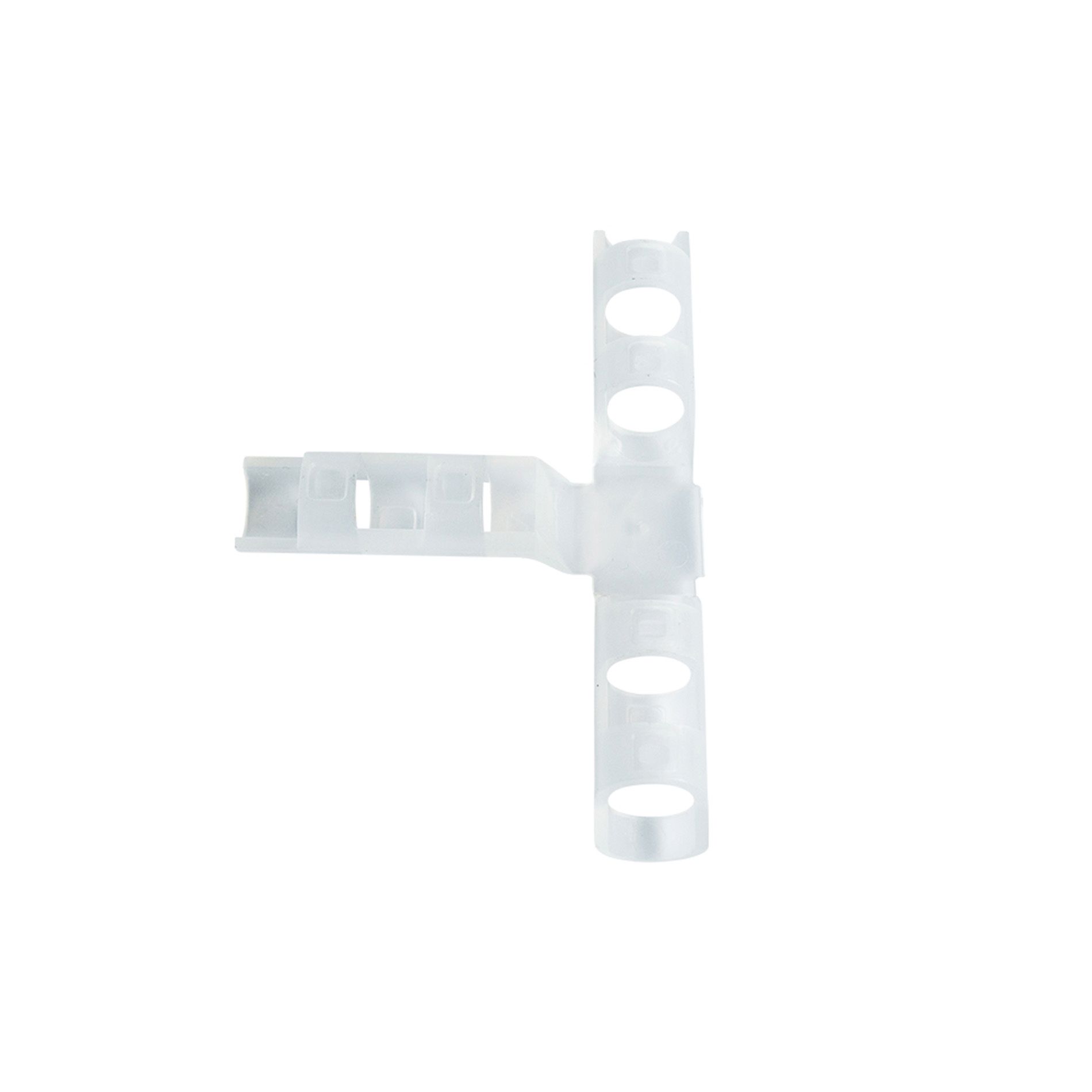 Weißer Kunststoffbügel mit drei Armen und kreisförmigen Öffnungen auf weißem Hintergrund.