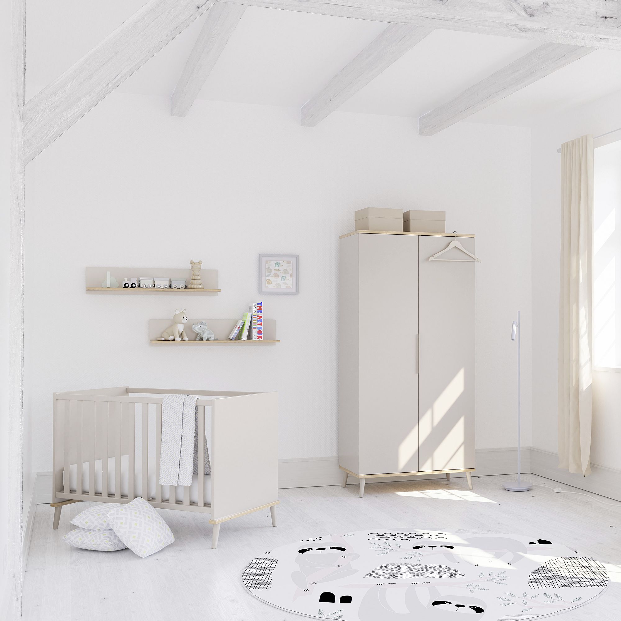 Minimalistisches weißes Kinderzimmer mit Kinderbett, Kleiderschrank, Regalen und sanftem Tageslicht.