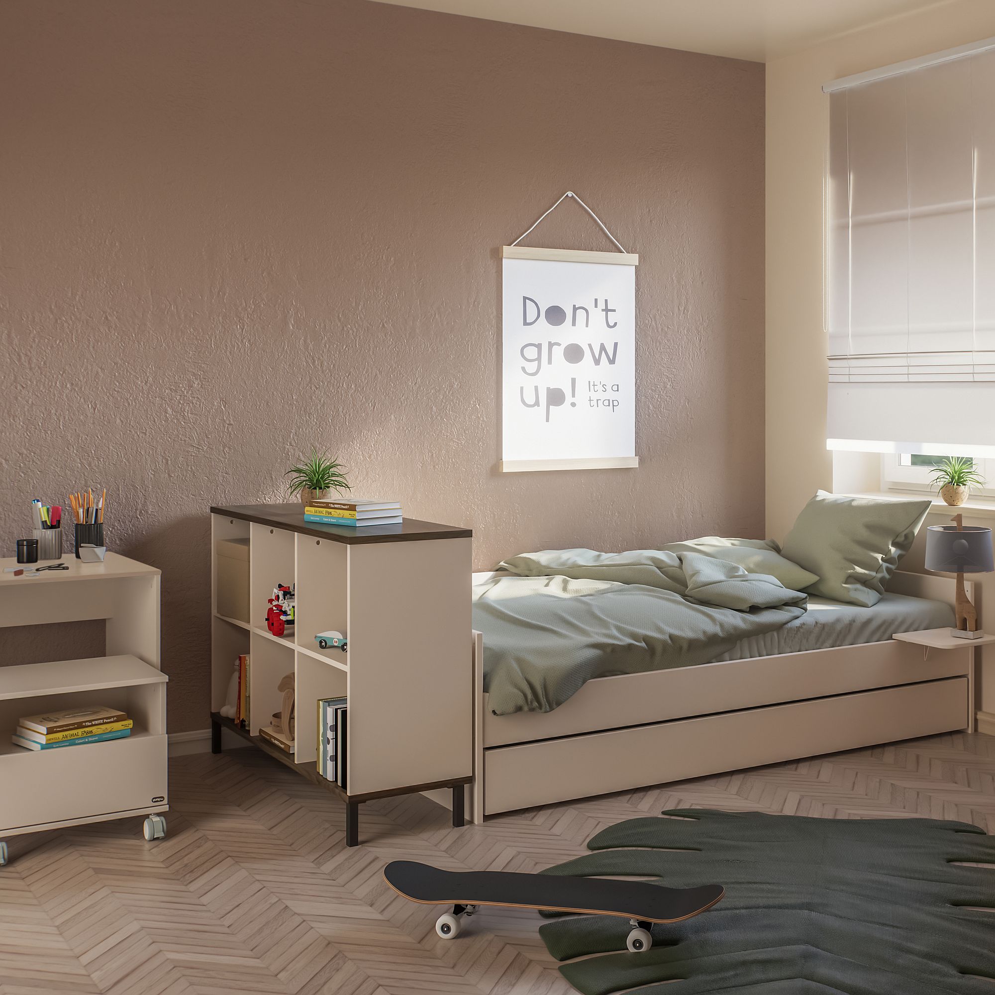 Minimalistisches Kinderzimmer mit einem Bett, Regalen und einem Poster mit der Aufschrift "Nicht erwachsen werden".