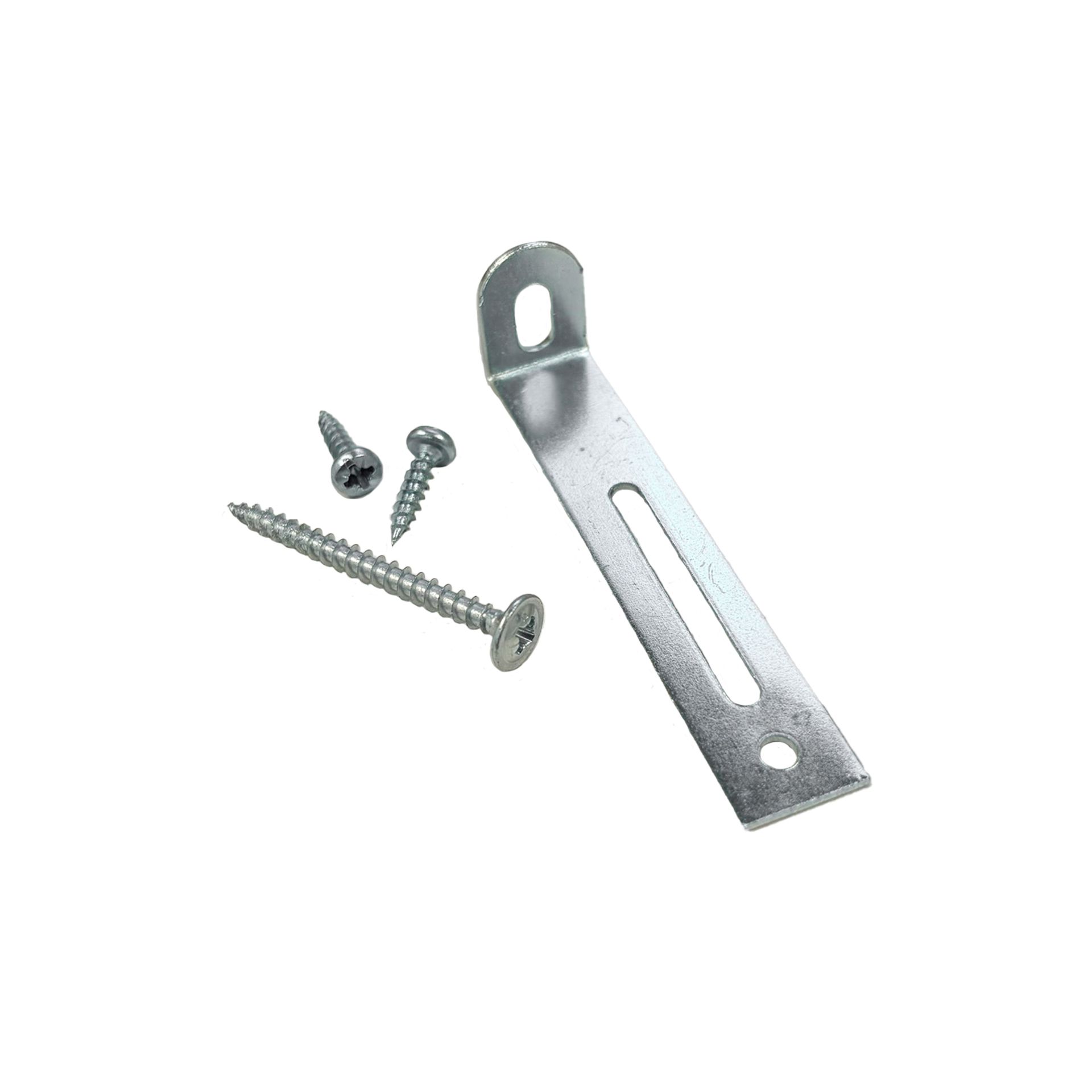 Metallbügel mit einem Schlitz und drei Schrauben auf weißem Hintergrund.