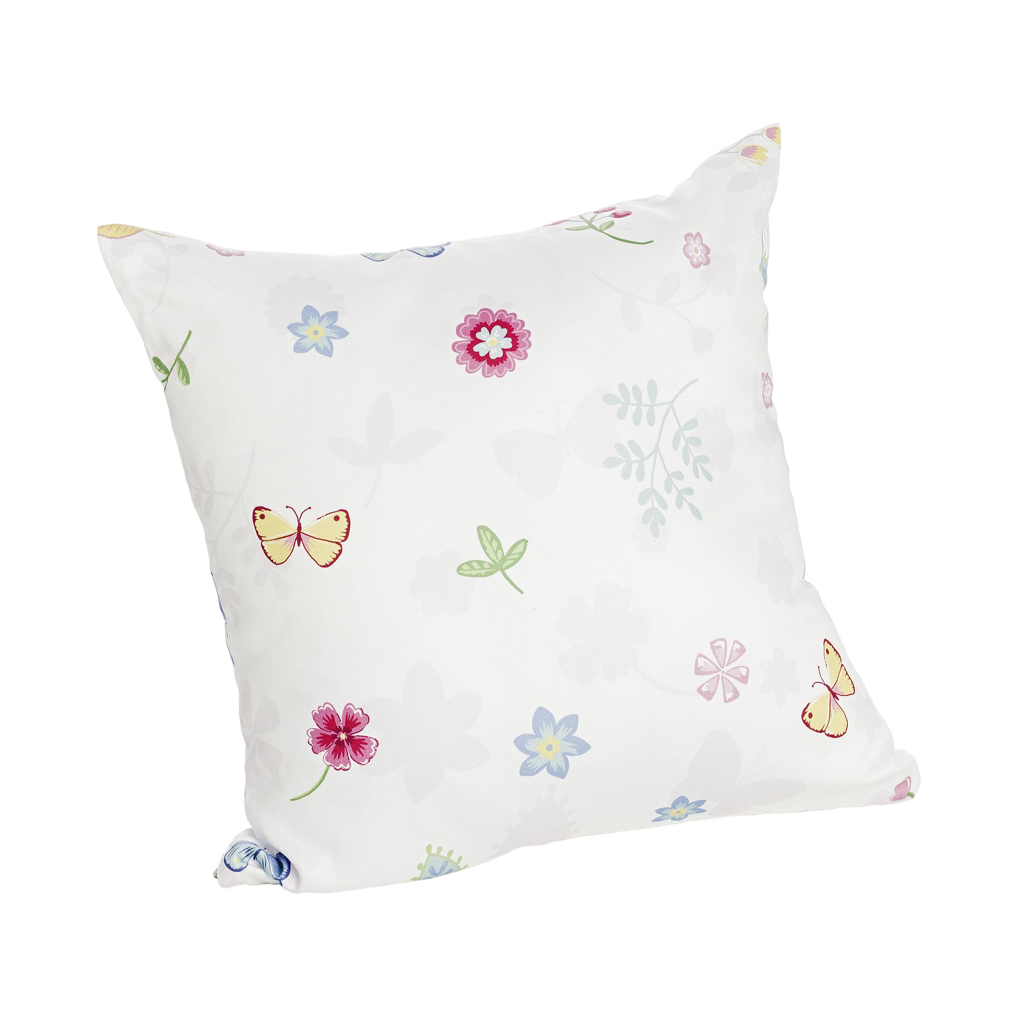 Partykissen Baumwolle, Motiv "Schmetterling", 40 x 40 cm Weißes Kissen mit buntem Blumen- und Schmetterlingsmuster auf dem Bezug.
