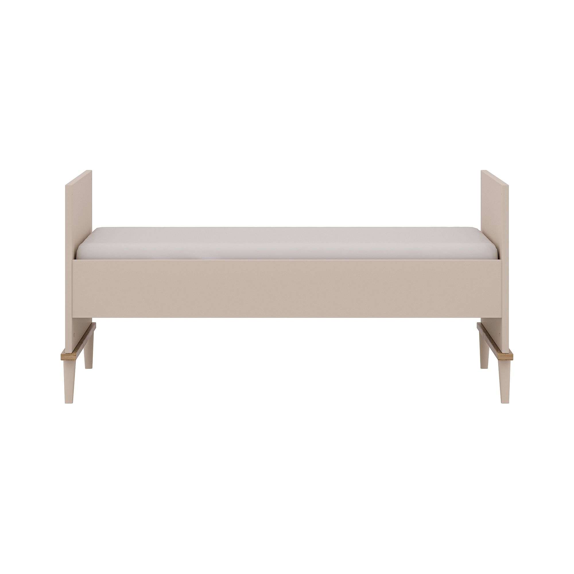 Ein minimalistisches beiges Einzelbett mit Kopf- und Fußteil, von vorne gesehen.