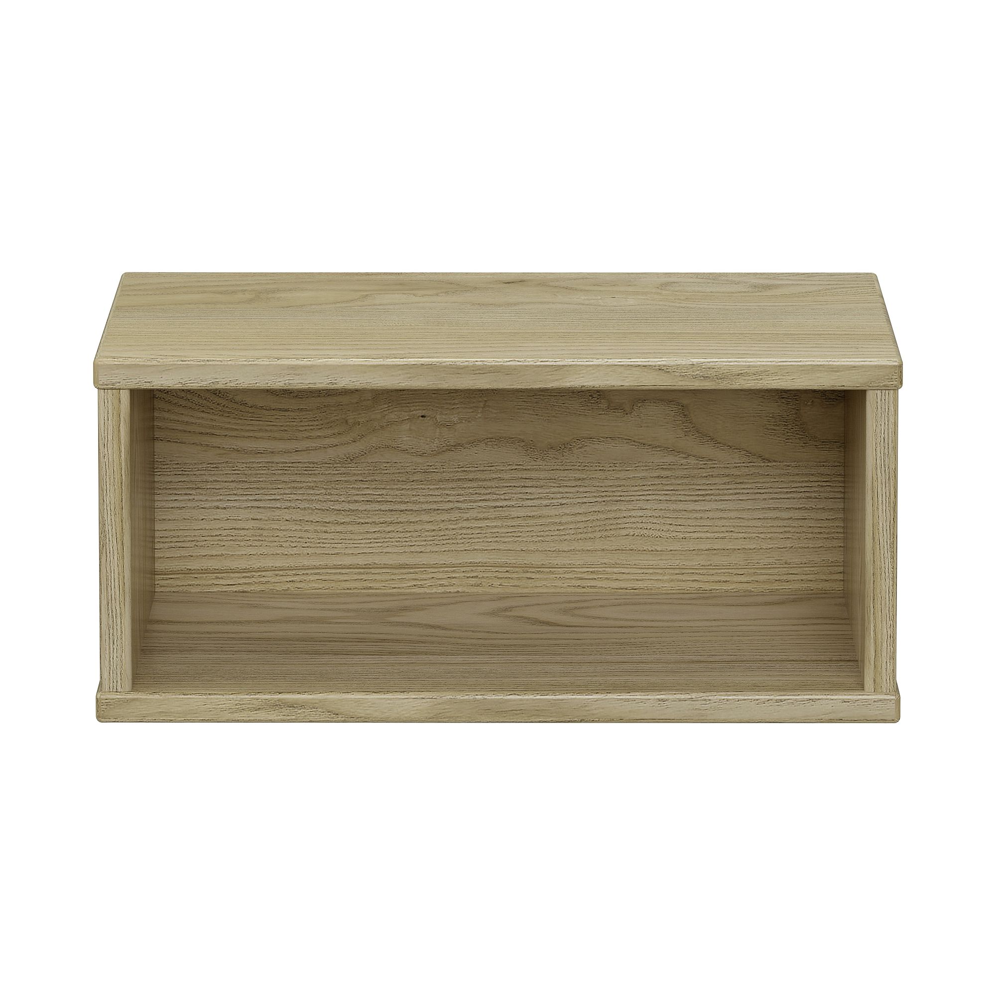 Wandregal Wandbox, rechteckig, 40 x 18,5 cm, Eiche-Montana Offenes rechteckiges Regal aus hellem Holz mit sichtbarer Holzmaserung, von vorne gesehen.