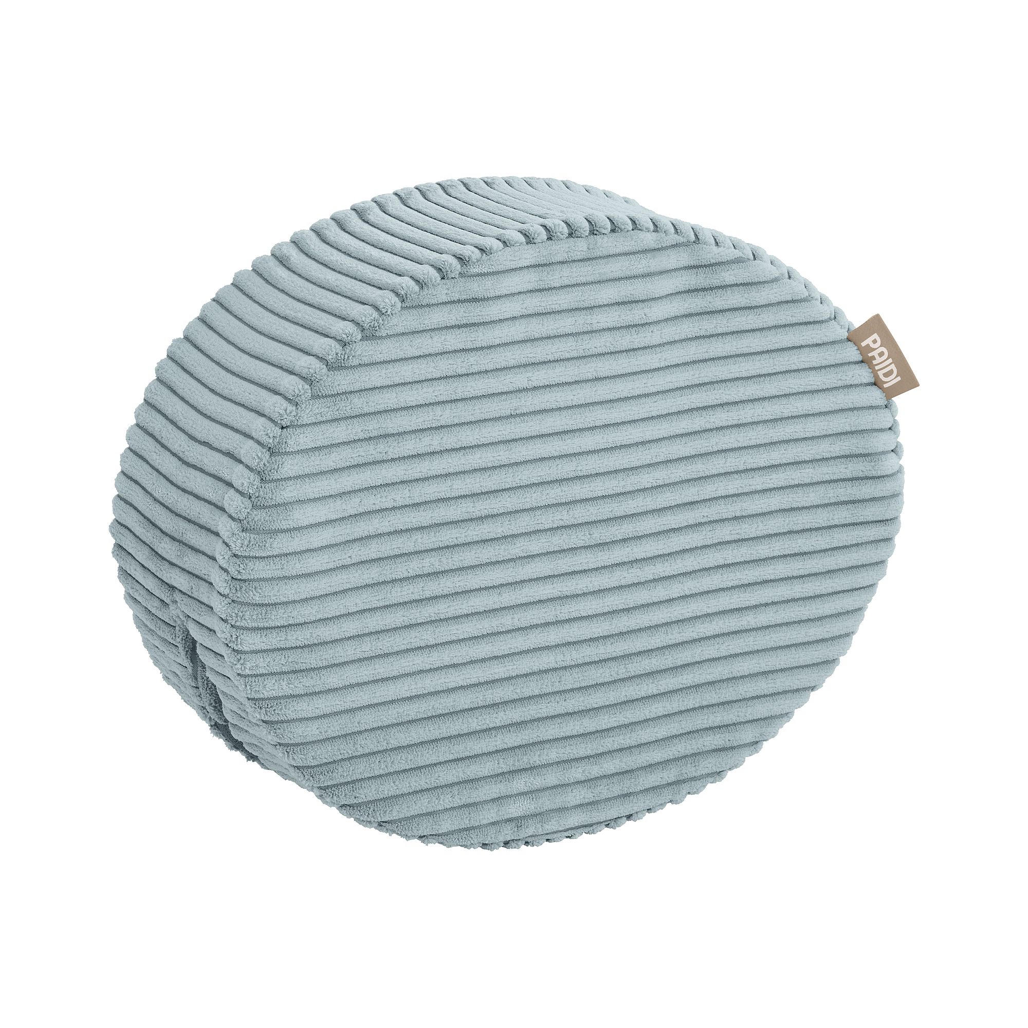 Hellblaues, rundes, geripptes Kissen mit einem kleinen braunen Anhänger an der Seite.