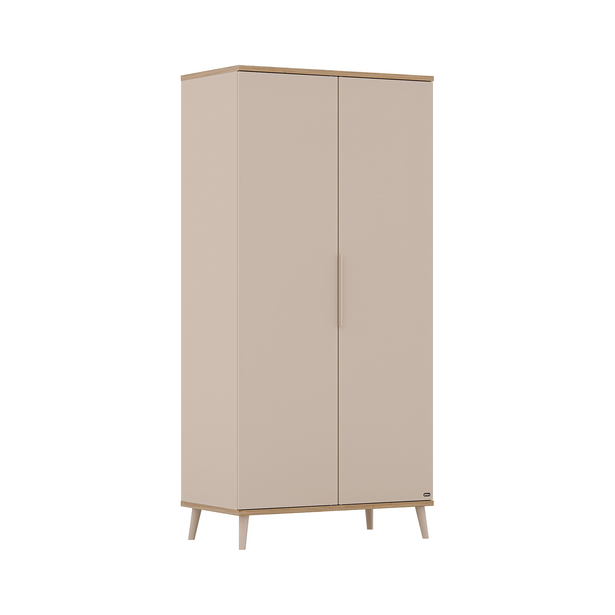 Beigefarbener zweitüriger Kleiderschrank mit Holzbeinen, geschlossen und aufrecht stehend.