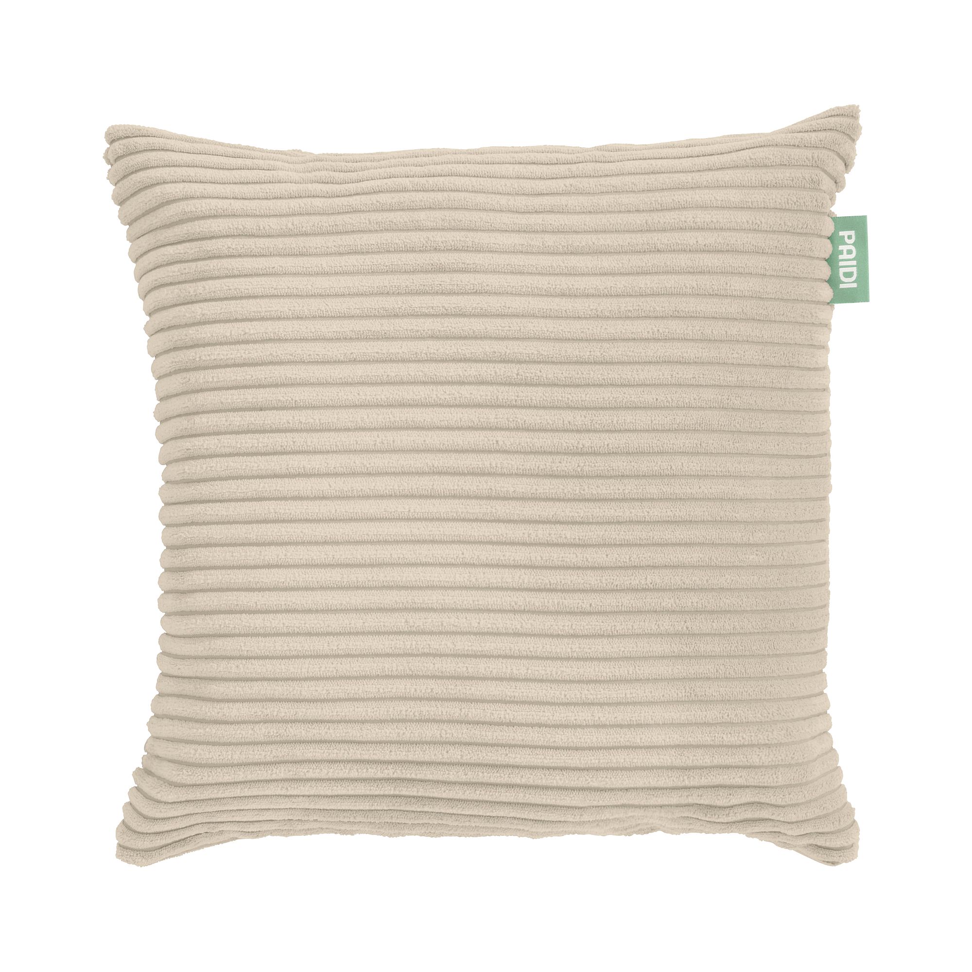 Quadratisches, beigefarbenes, geripptes Kissen mit einem grünen Etikett an der Seite, abgebildet auf weißem Hintergrund.