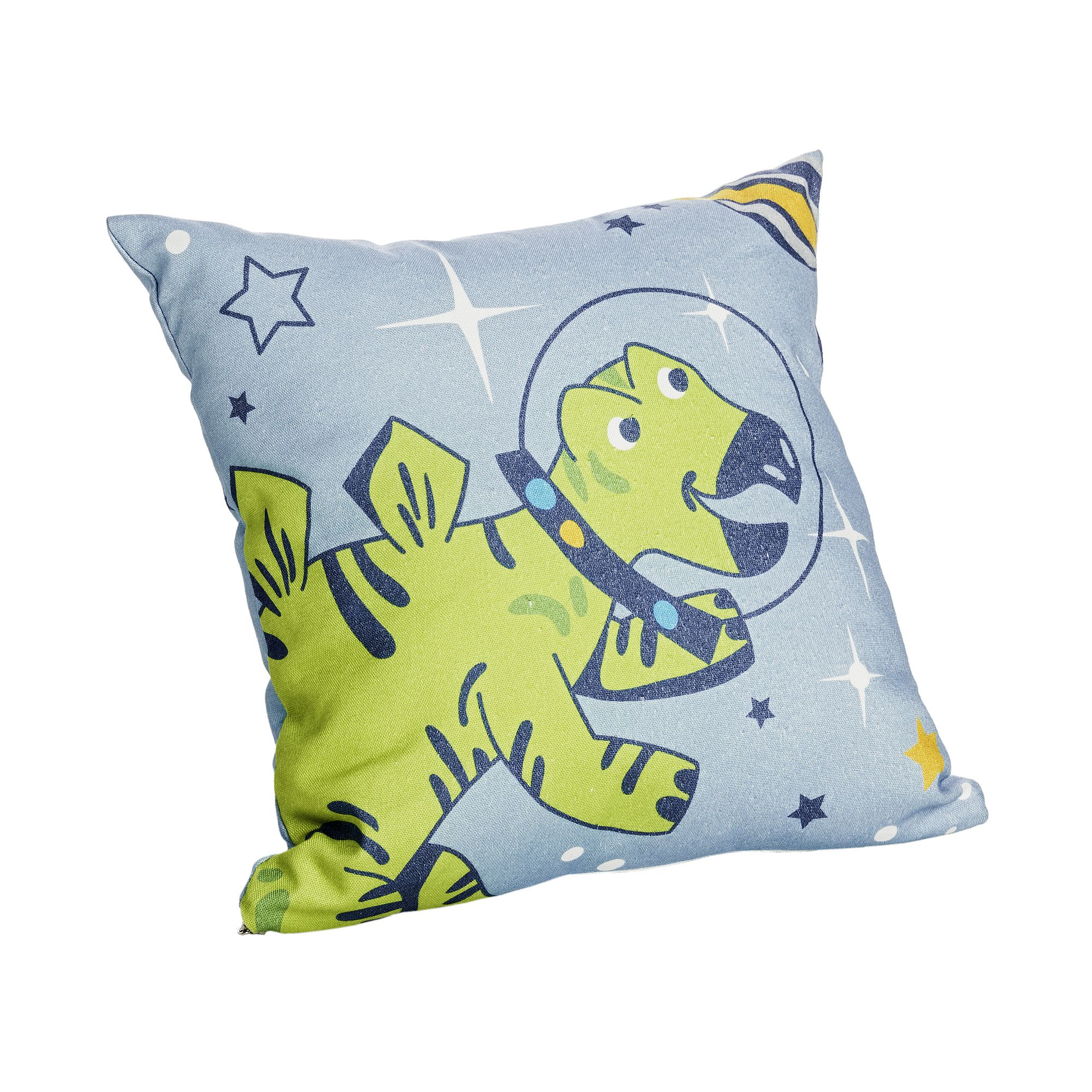 Partykissen Baumwolle, Motiv "Dinos im Weltall", 40 x 40 cm, Blauer Planet Quadratisches Kissen mit einem Cartoon-Dinosaurier in einem Weltraumhelm auf einem sternförmigen blauen Hintergrund.
