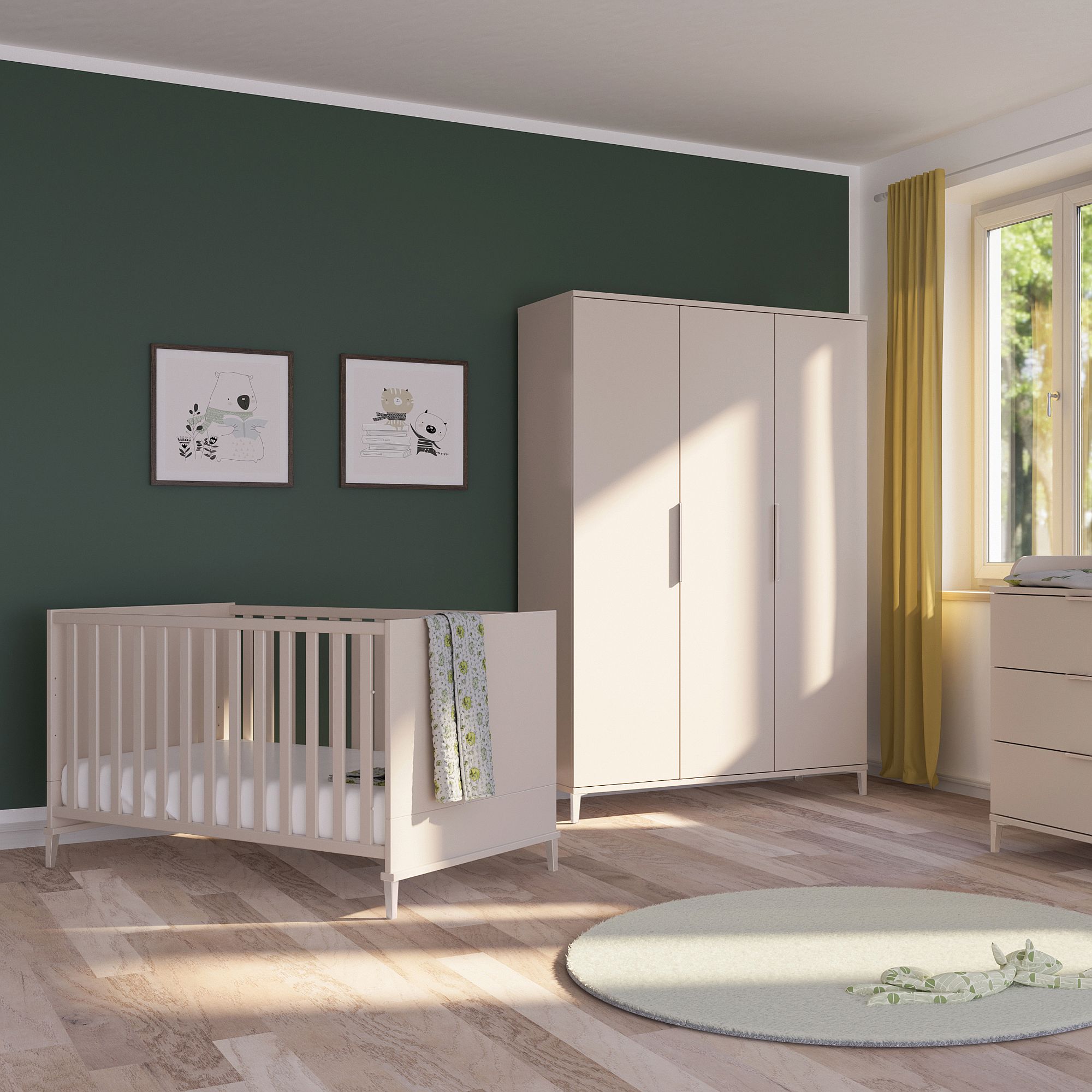 Modernes Kinderzimmer mit einem Kinderbett, einem Kleiderschrank, einer Kommode und einer grünen Akzentwand.