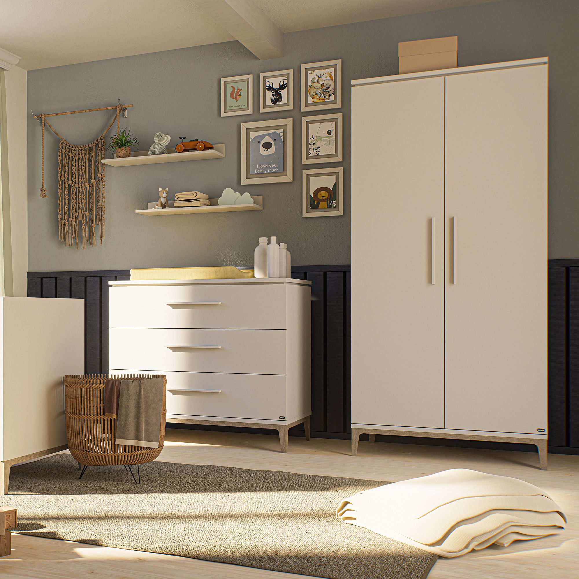 Modernes Kinderzimmer mit weißen Möbeln, Wandkunst und sanfter natürlicher Beleuchtung.