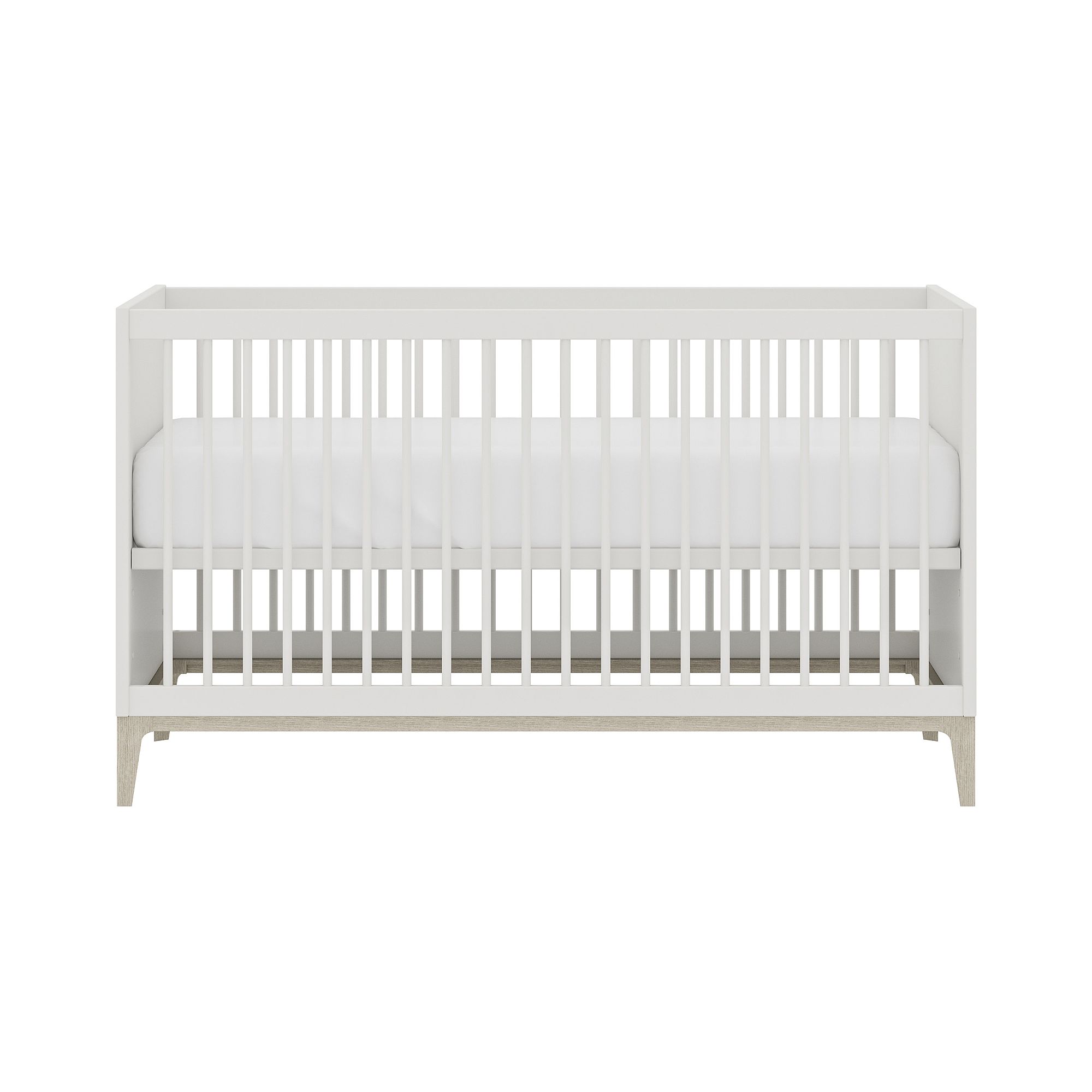 Weißes Babybett mit vertikalen Lamellen und einem einfachen, modernen Design.