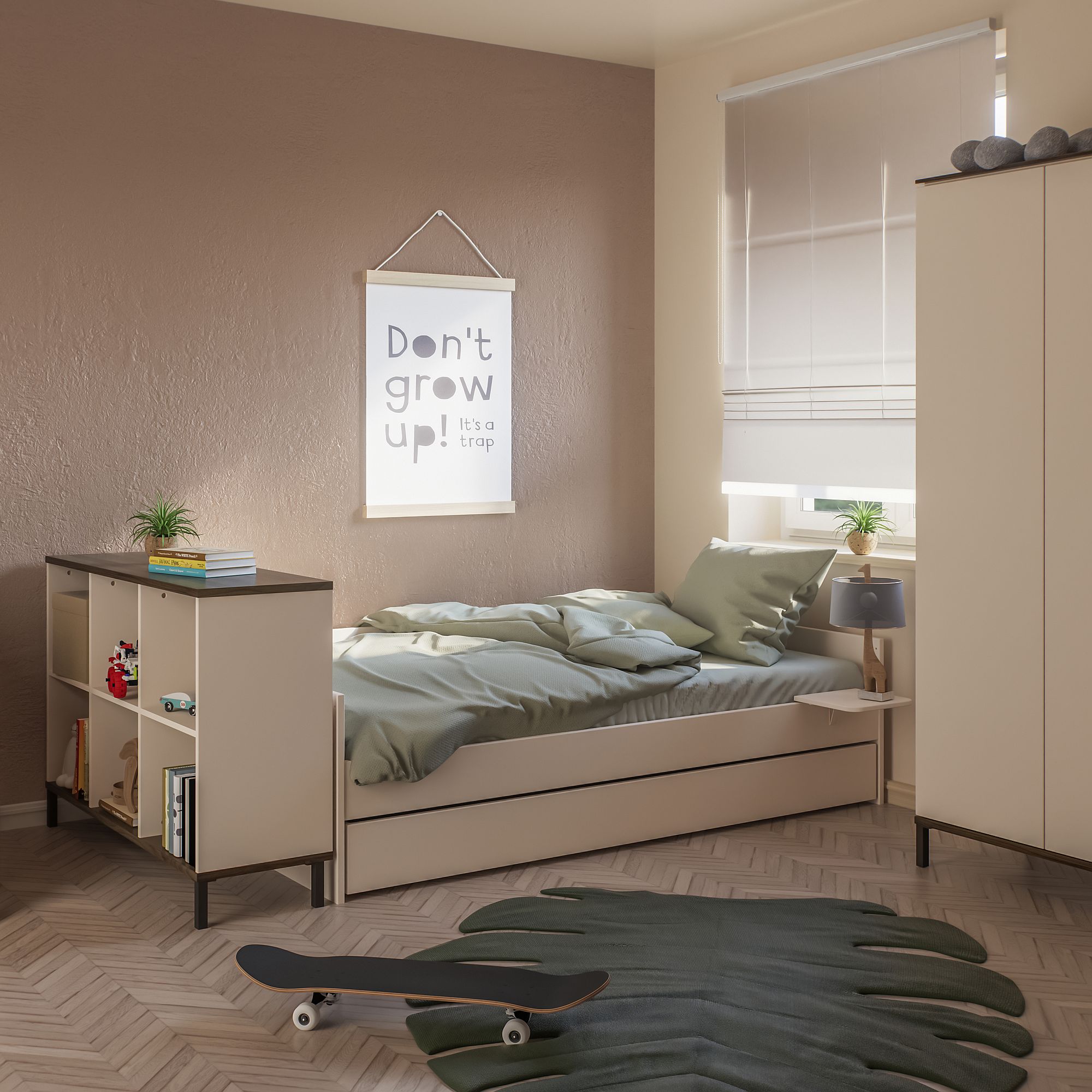 Ein gemütliches Schlafzimmer mit einem Einzelbett, einem Skateboard und einem Dont grow up"-Poster.