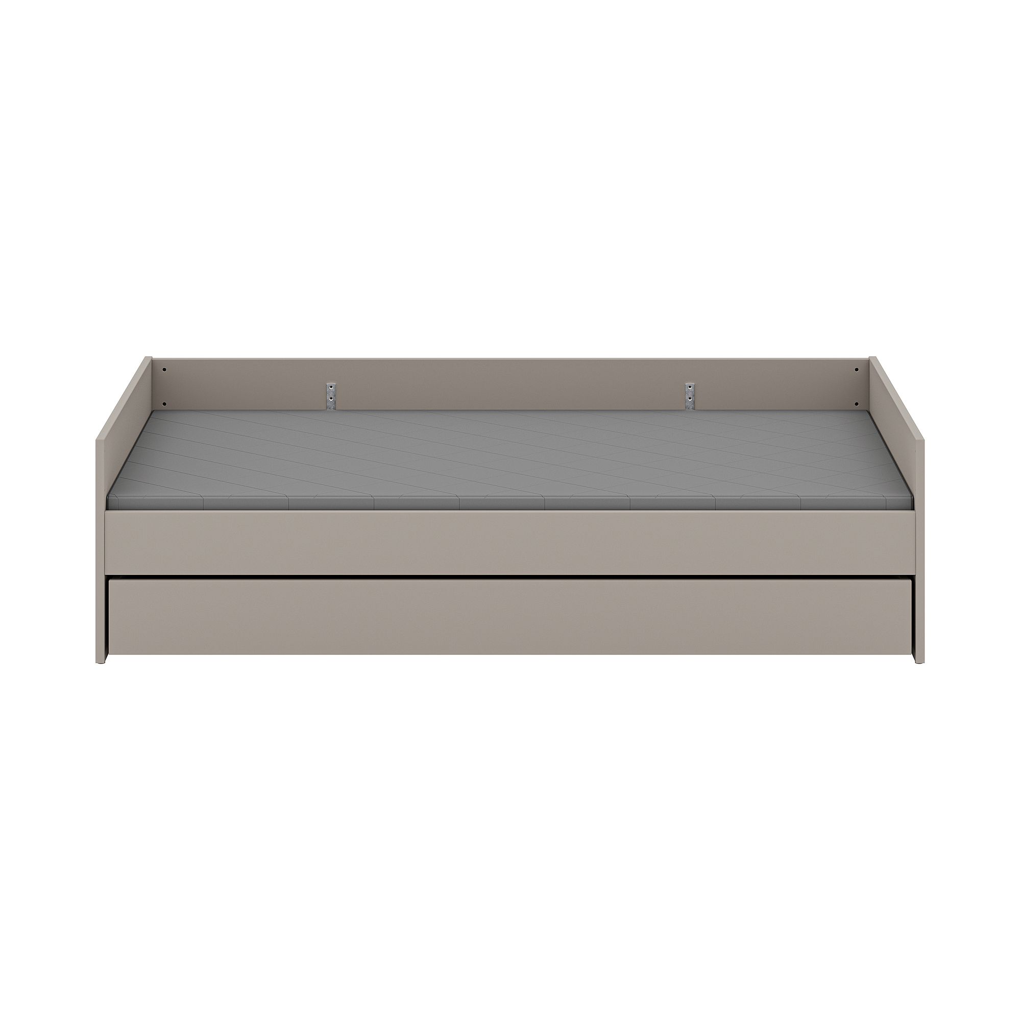 Kojenbett Brother Stu 120 x 200 cm, mit Bettkasten Graues Daybed mit zwei Schubladen darunter, von vorne gesehen auf weißem Hintergrund.