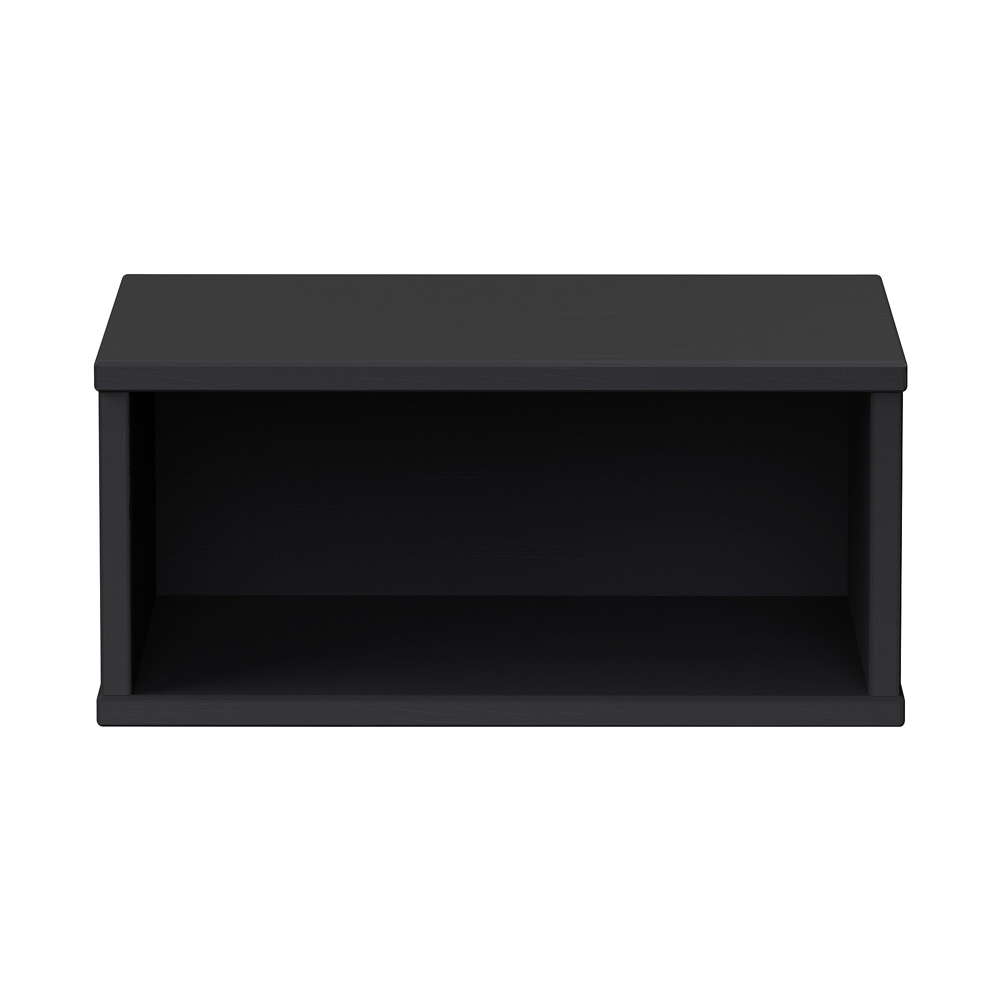 Wandregal Wandbox, rechteckig, 40 x 18,5 cm, Naturschwarz Schwarzes rechteckiges offenes Regal von vorne gesehen auf weißem Hintergrund.