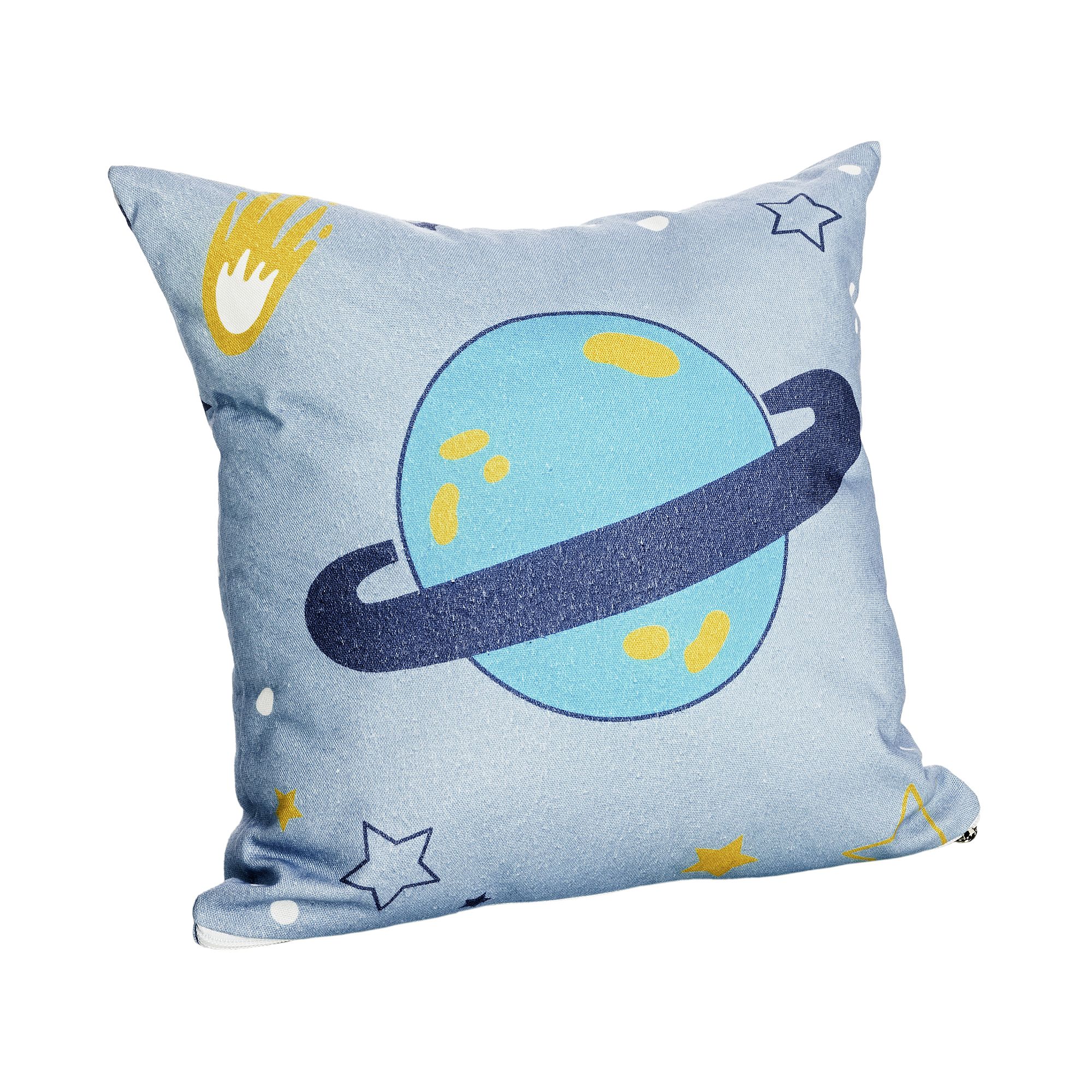 Hellblaues Kissen mit einem Cartoon-Planeten, Sternen und einem gelben Kometenmuster.