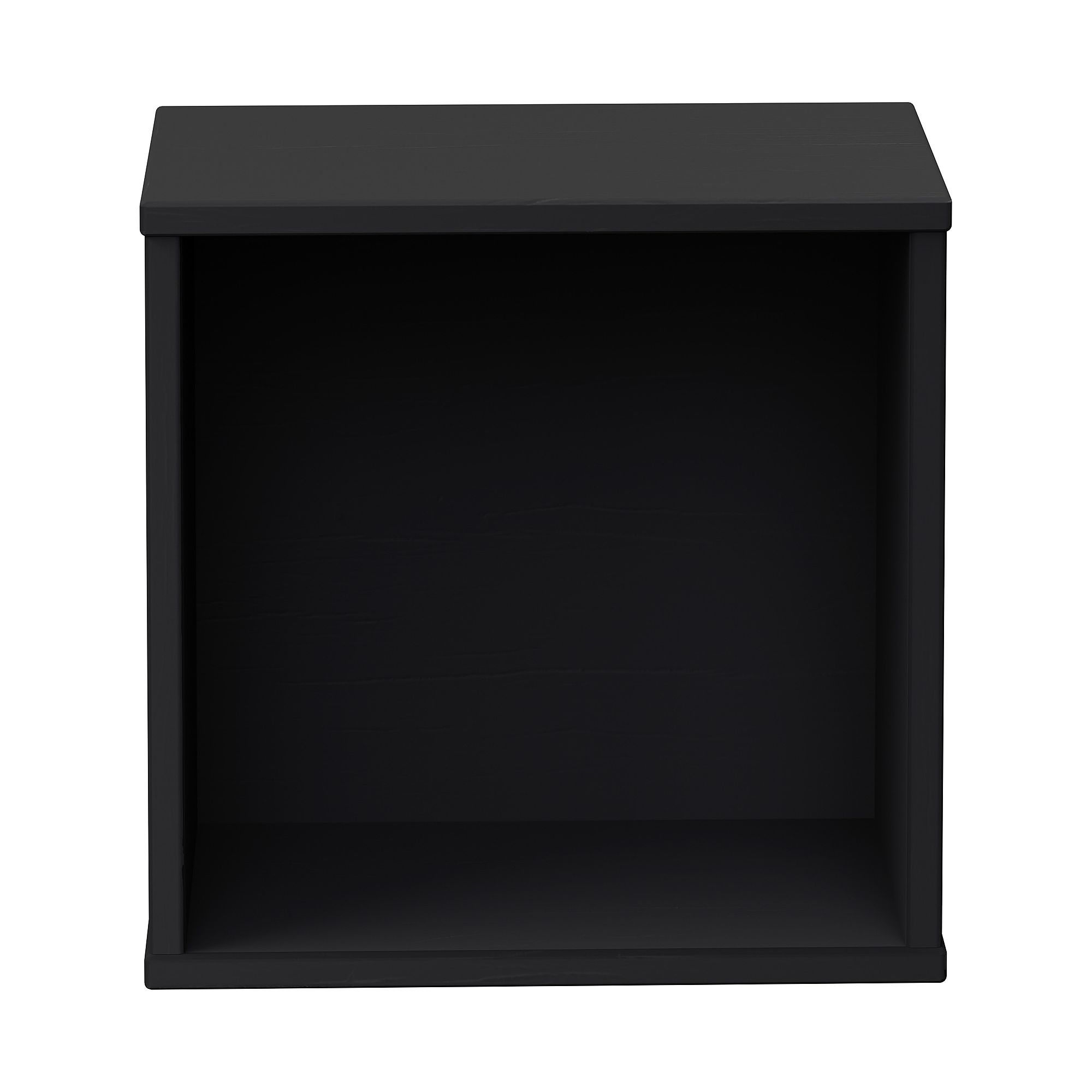 Wandregal Wandbox, quadratisch, 35 x 35 cm, Naturschwarz Schwarzer, leerer, quadratischer, offener Aufbewahrungswürfel vor weißem Hintergrund.