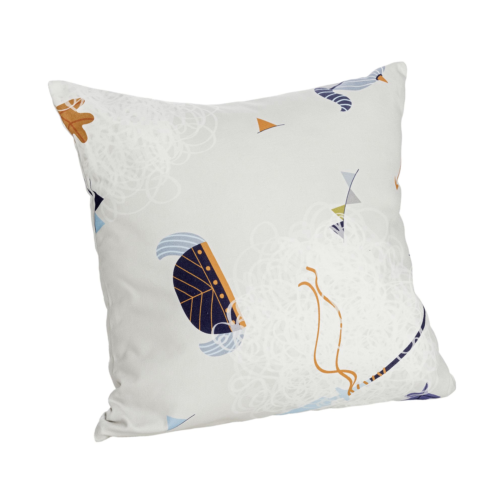 Partykissen Baumwolle, Motiv "Wikinger", 40 x 40 cm Weißes Kissen mit abstrakten blauen, orangefarbenen und grauen Formen und Linienmustern.