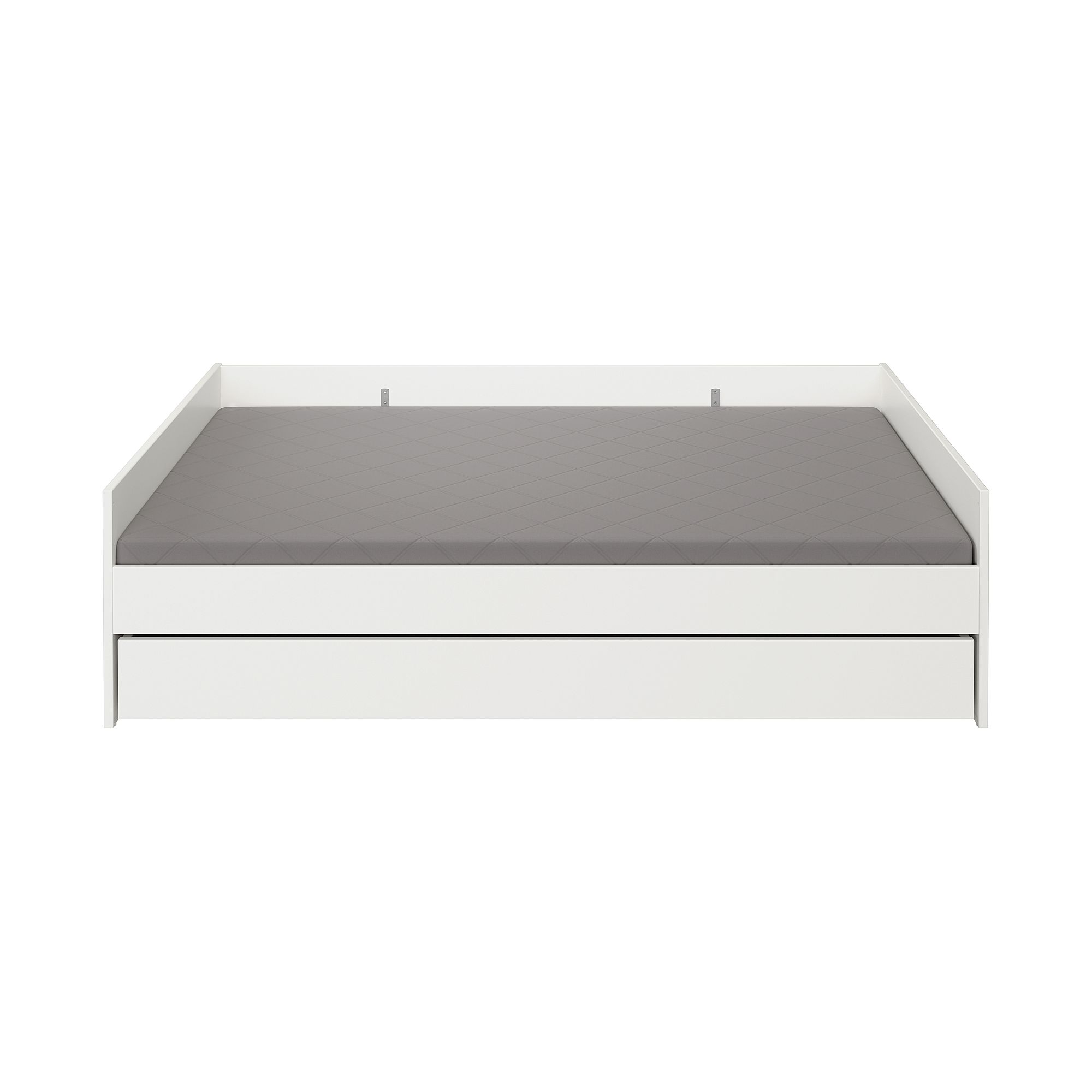 Kojenbett Lovely Aliv 120 x 200 cm, mit Bettkasten Weißes Daybed mit einer grauen Matratze und einer ausziehbaren Schublade darunter.