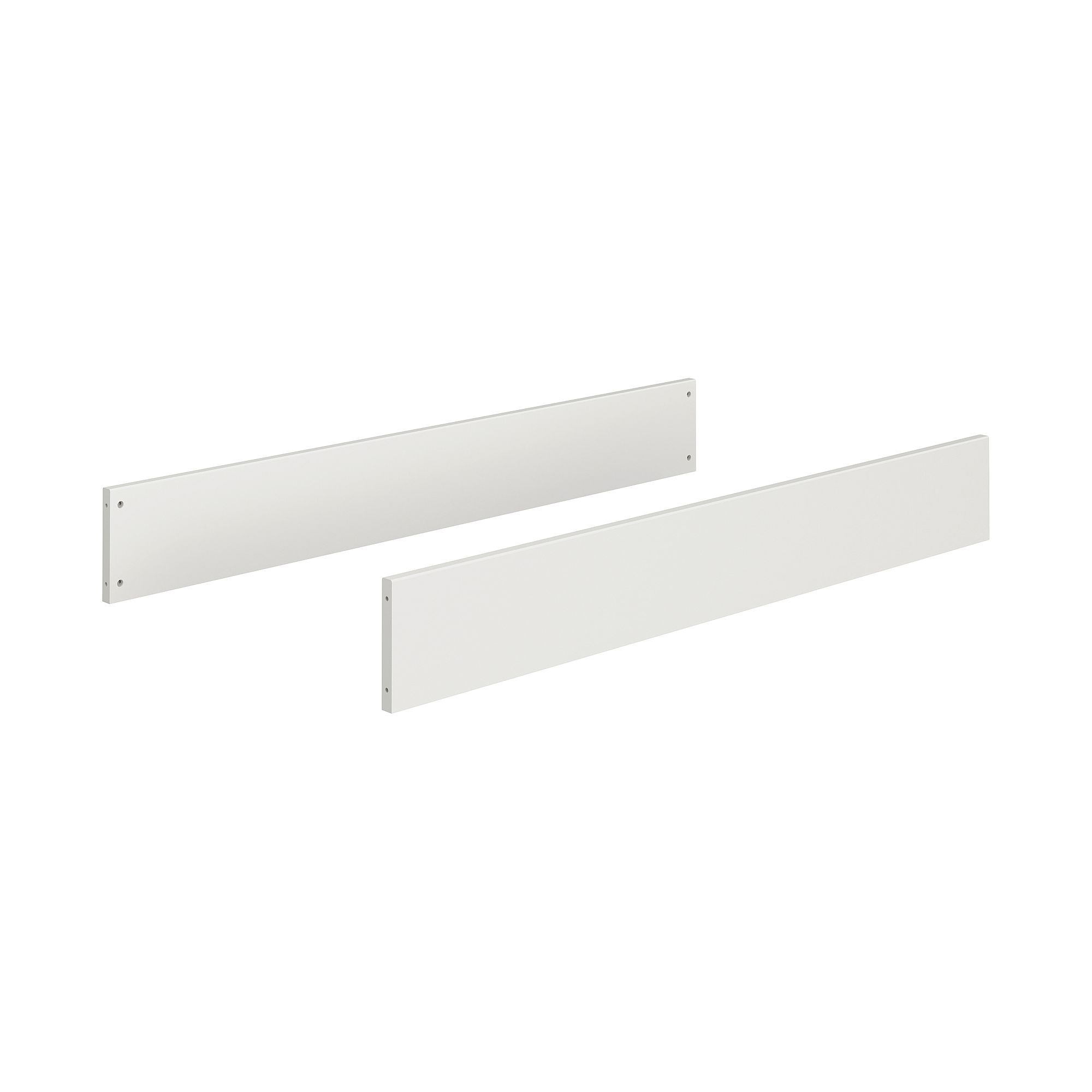 Umbauseiten Lovely Aliv für Babybett 70 x 140 cm Zwei lange, weiße, rechteckige Metallplatten mit Löchern an beiden Enden vor weißem Hintergrund.