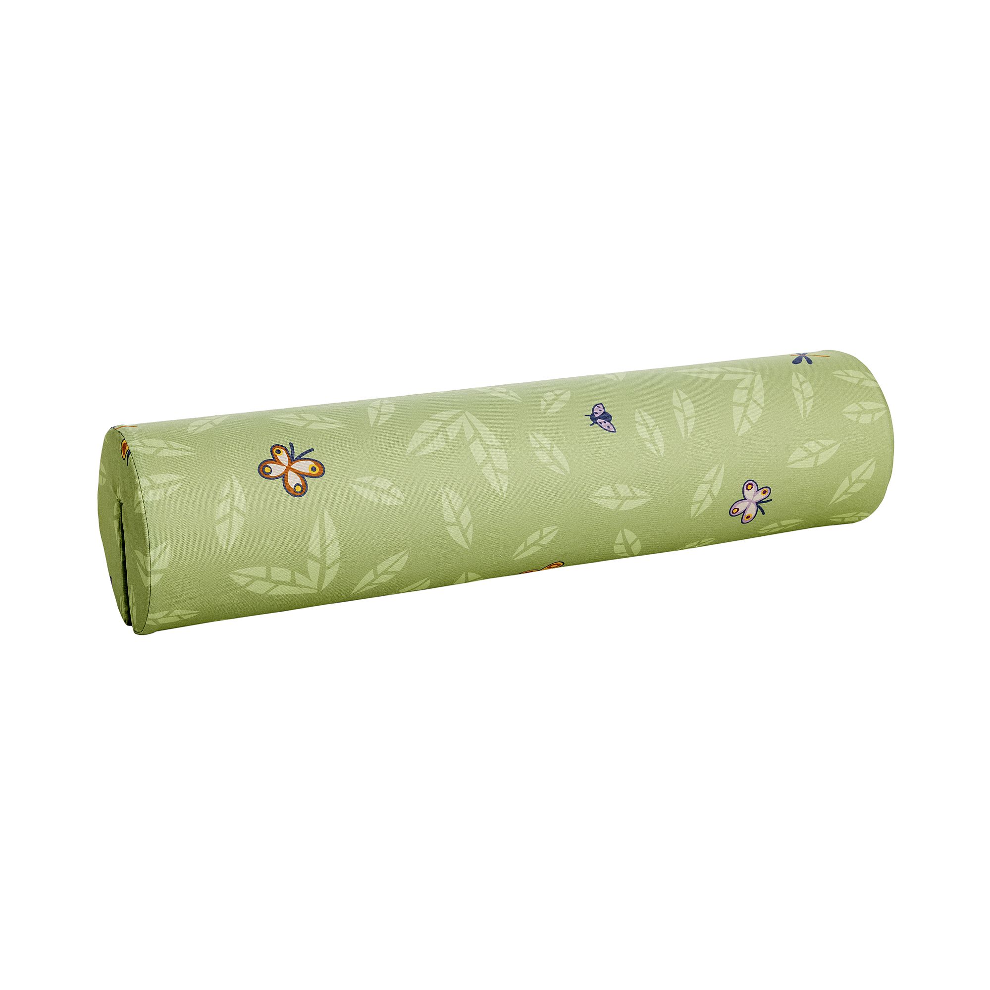 Comfort-Rolle Baumwolle, Motiv "Petersilienweg 8", 85,30 x Ø 20 cm Grünes Nackenkissen mit Blatt- und Schmetterlingsmuster auf dem Stoff.
