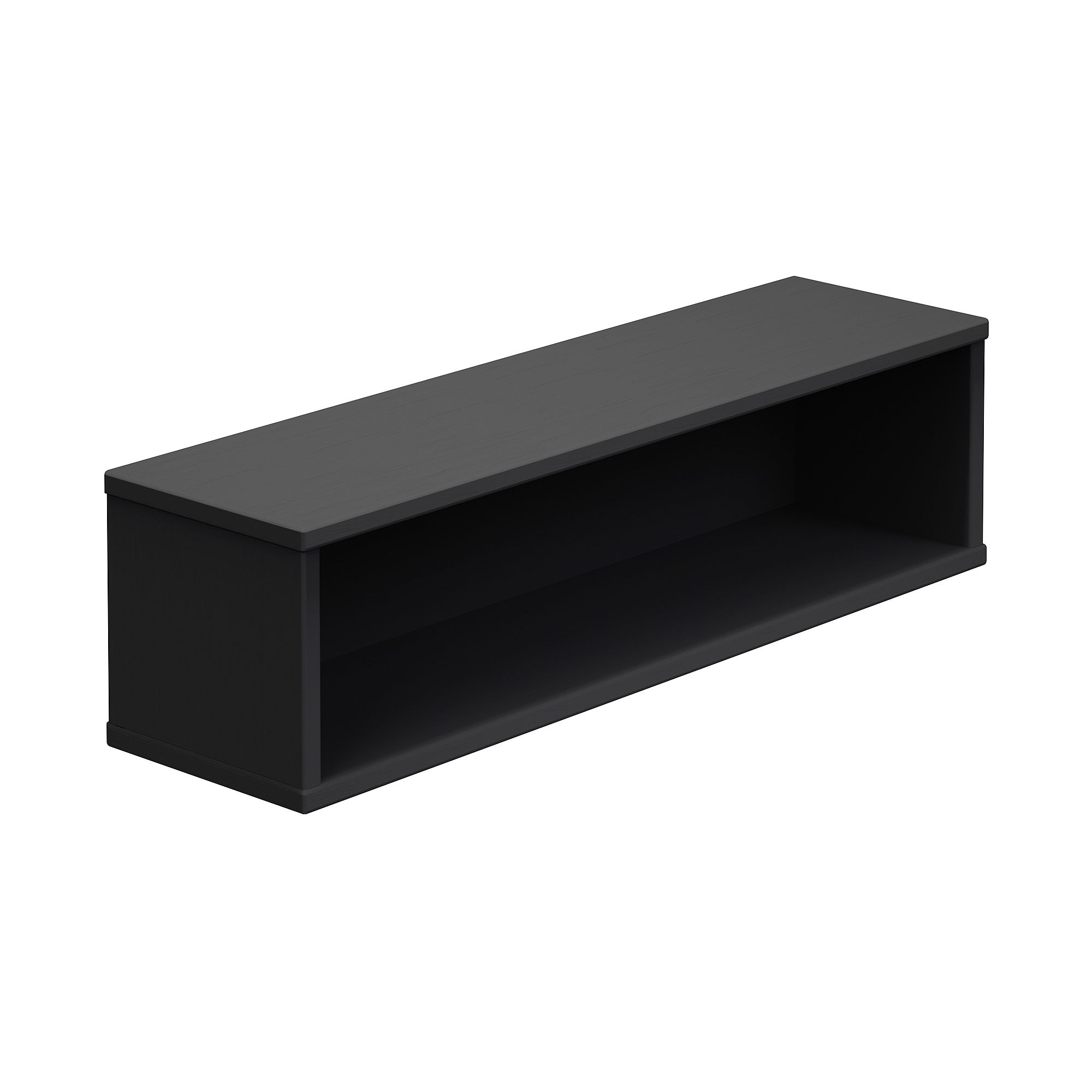 Wandregal Wandbox, rechteckig lang, 70 x 18,5 cm, Naturschwarz Schwarzes rechteckiges Wandregal mit offener Vorderseite, schräg betrachtet auf weißem Hintergrund.