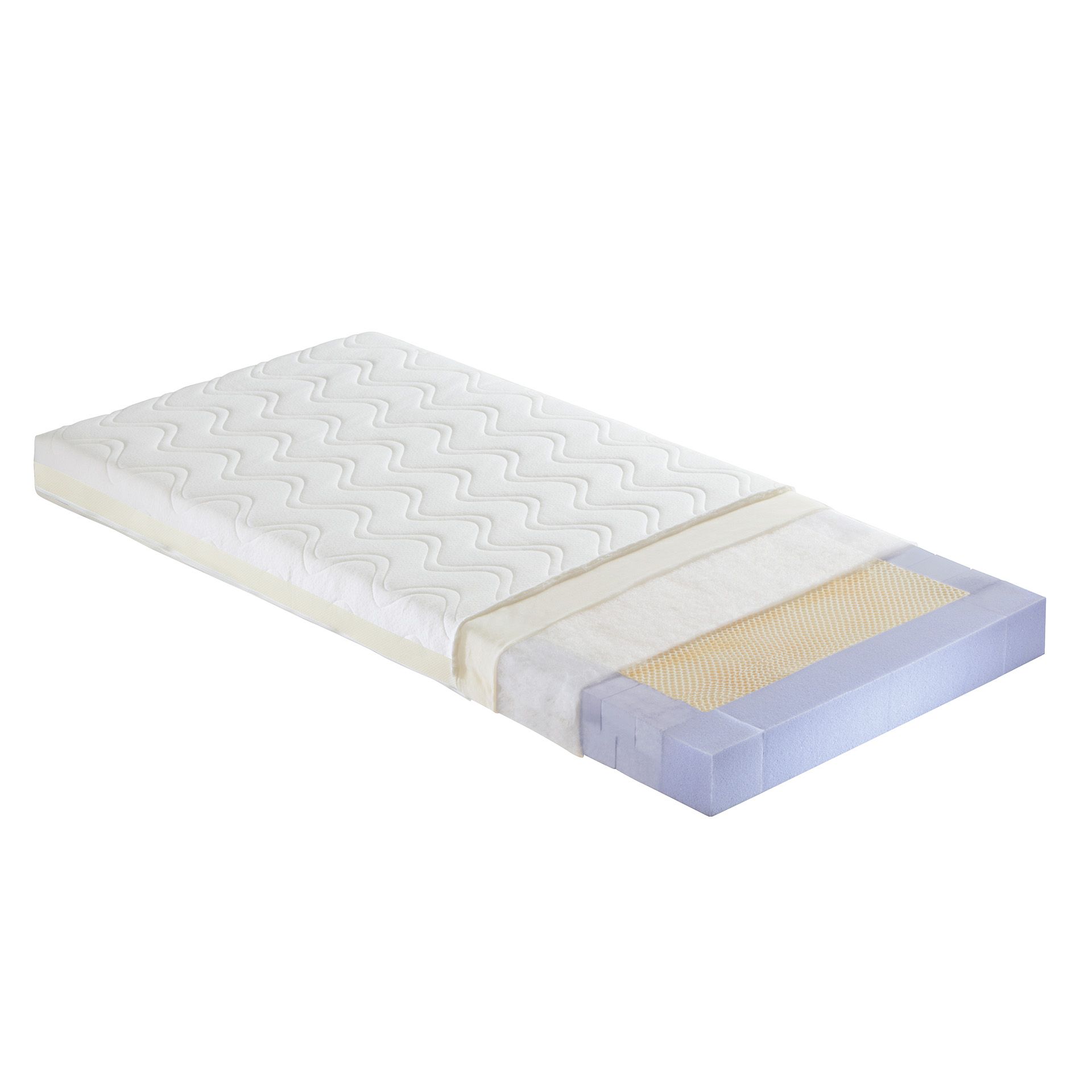 Matratze Airwell® 200 für Babybett 70 x 140 cm Schnittansicht einer Matratze, die ihre inneren Schichten und ihren Aufbau zeigt.