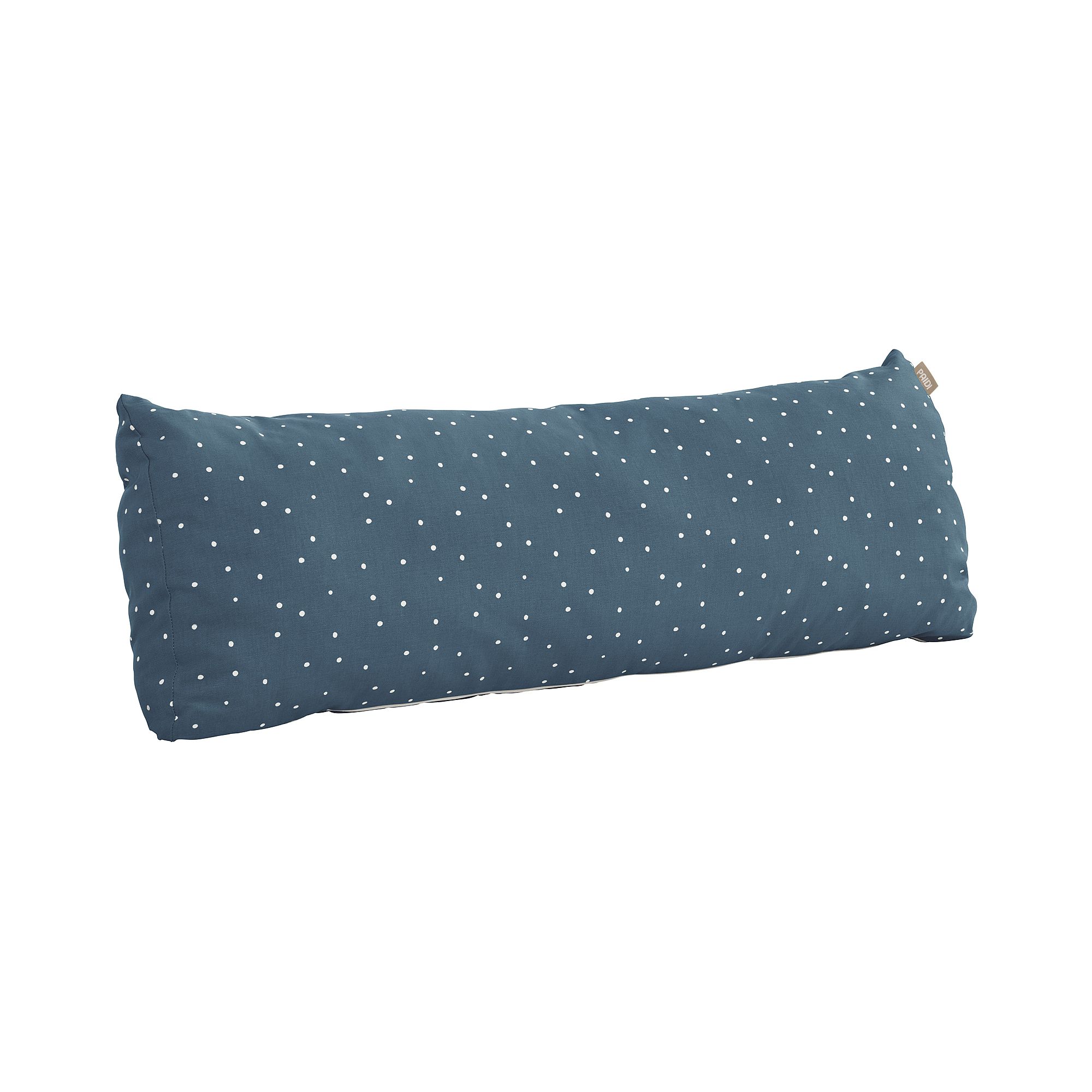 Langes blaues Kissen mit weißen Tupfen auf weißem Hintergrund.