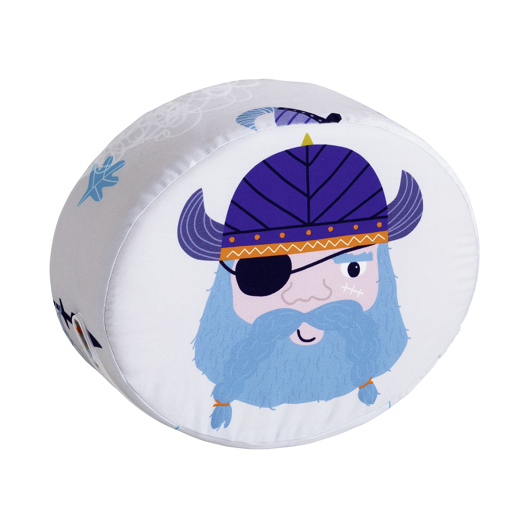 Steckkissen Baumwolle, Motiv "Wikinger", 35 x 28 x 12 cm, Wikinger Rundes Kissen mit einem Cartoon-Wikinger-Gesicht, blauem Bart, Augenklappe und Helm.