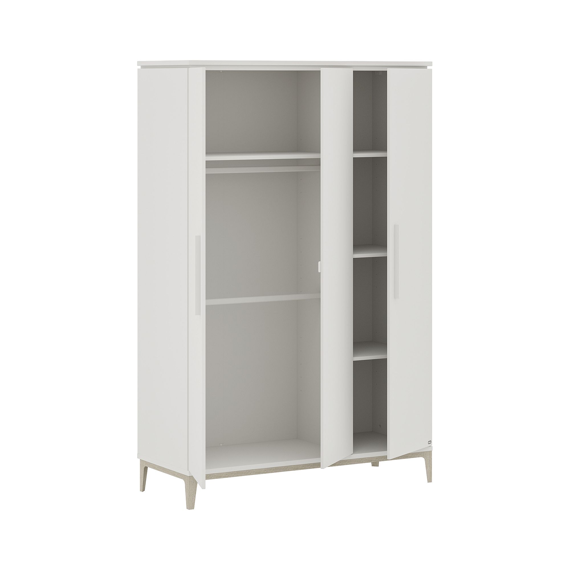 Weißer Schrank mit Schiebetüren, die sich öffnen lassen, um Regale im Inneren zu zeigen.