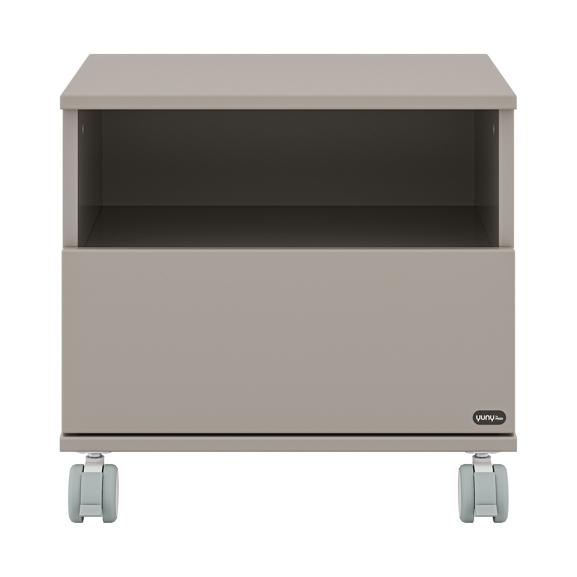 Nachttisch Brother Stu Rollcontainer, 1 Schublade, 1 offenes Fach Grauer rollender Lagerschrank mit offenem Regal und geschlossenem Fach, Vorderansicht.
