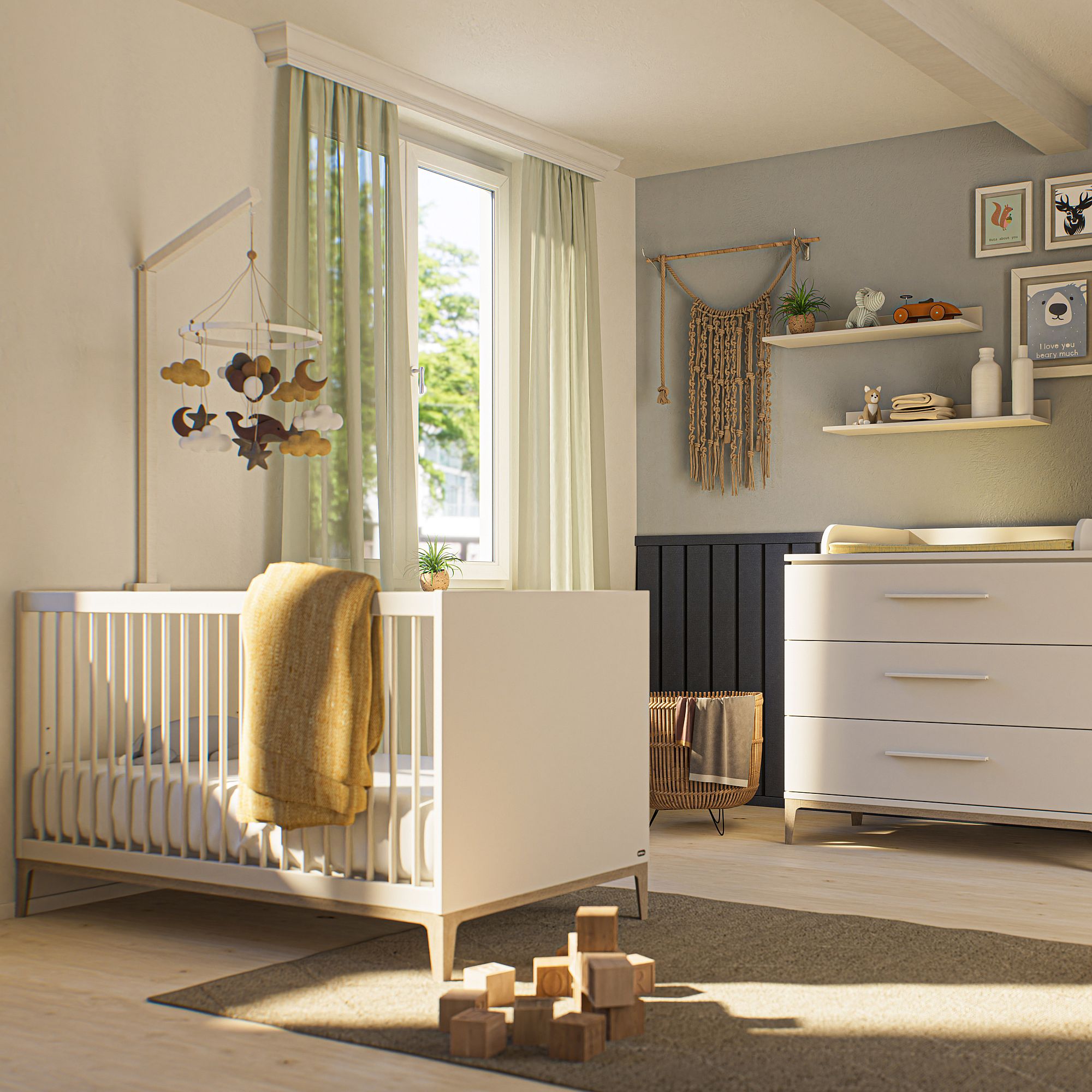 Modernes Kinderzimmer mit Kinderbett, Kommode, Wanddekoration und Holzspielzeugblöcken auf dem Teppich.