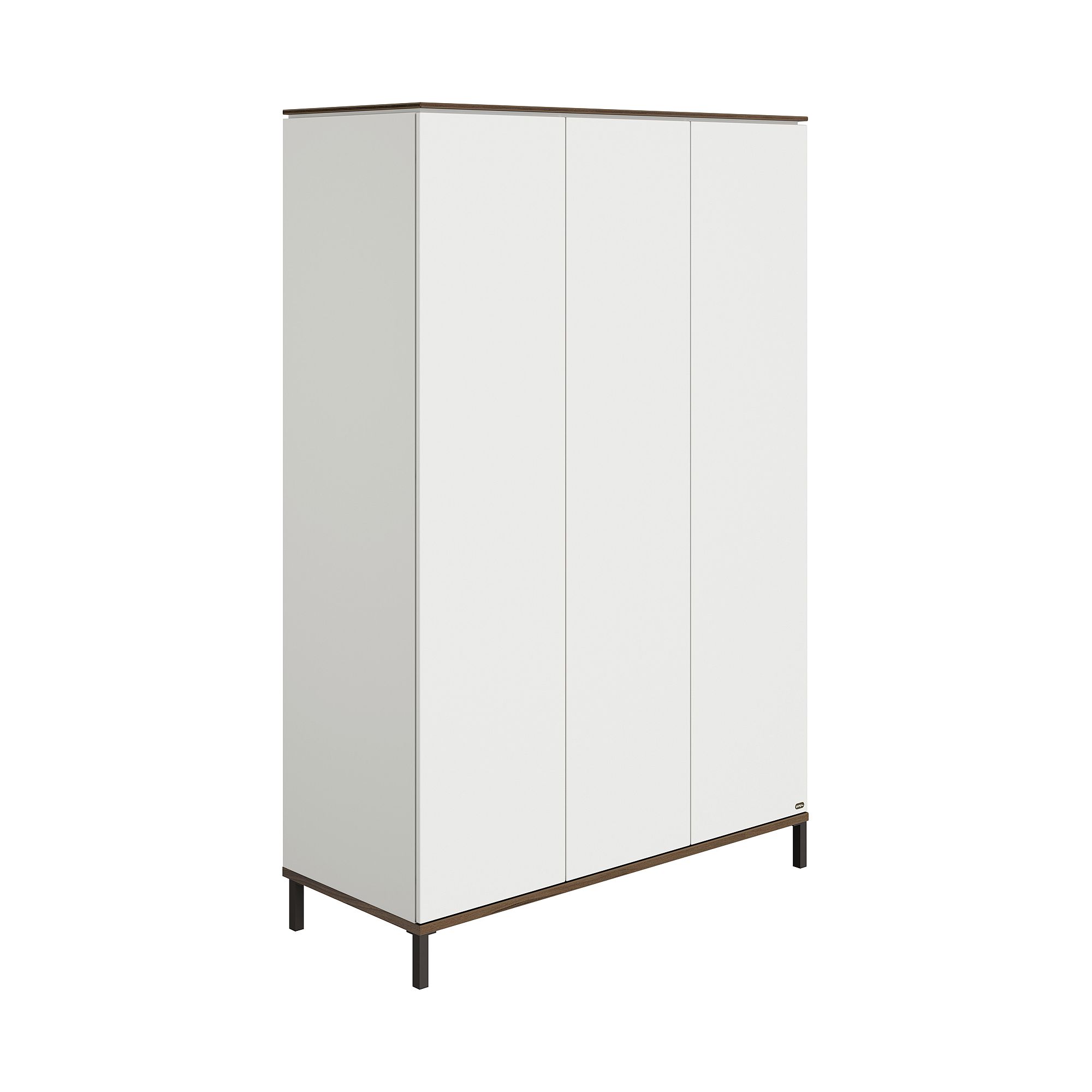 Moderner dreitüriger Kleiderschrank in Weiß mit schwarzen Beinen und Zierleisten.