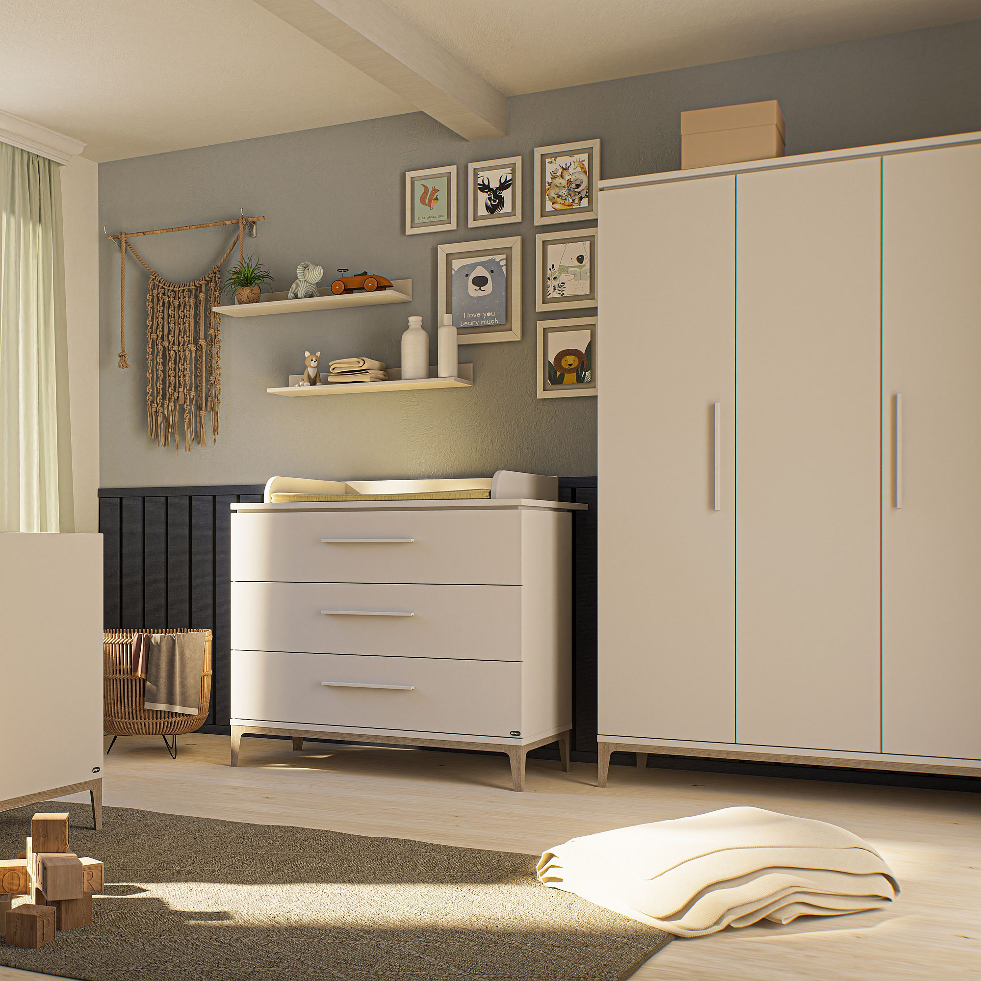 Modernes Kinderzimmer mit weißen Möbeln, Wandkunst und sanfter natürlicher Beleuchtung.