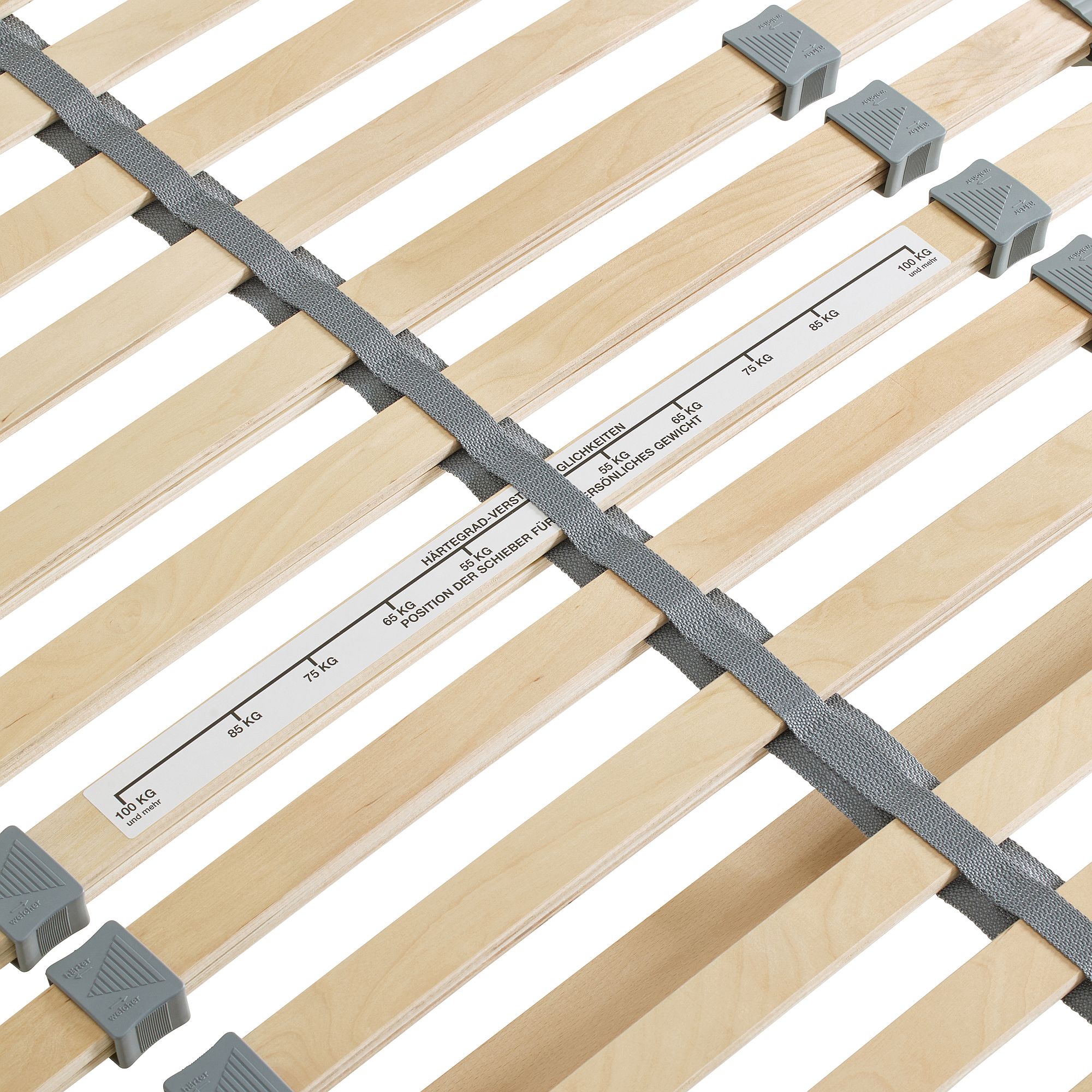 Lattenrost aus Holz mit verstellbaren Spanngleitern und einem zentralen Stoffband.