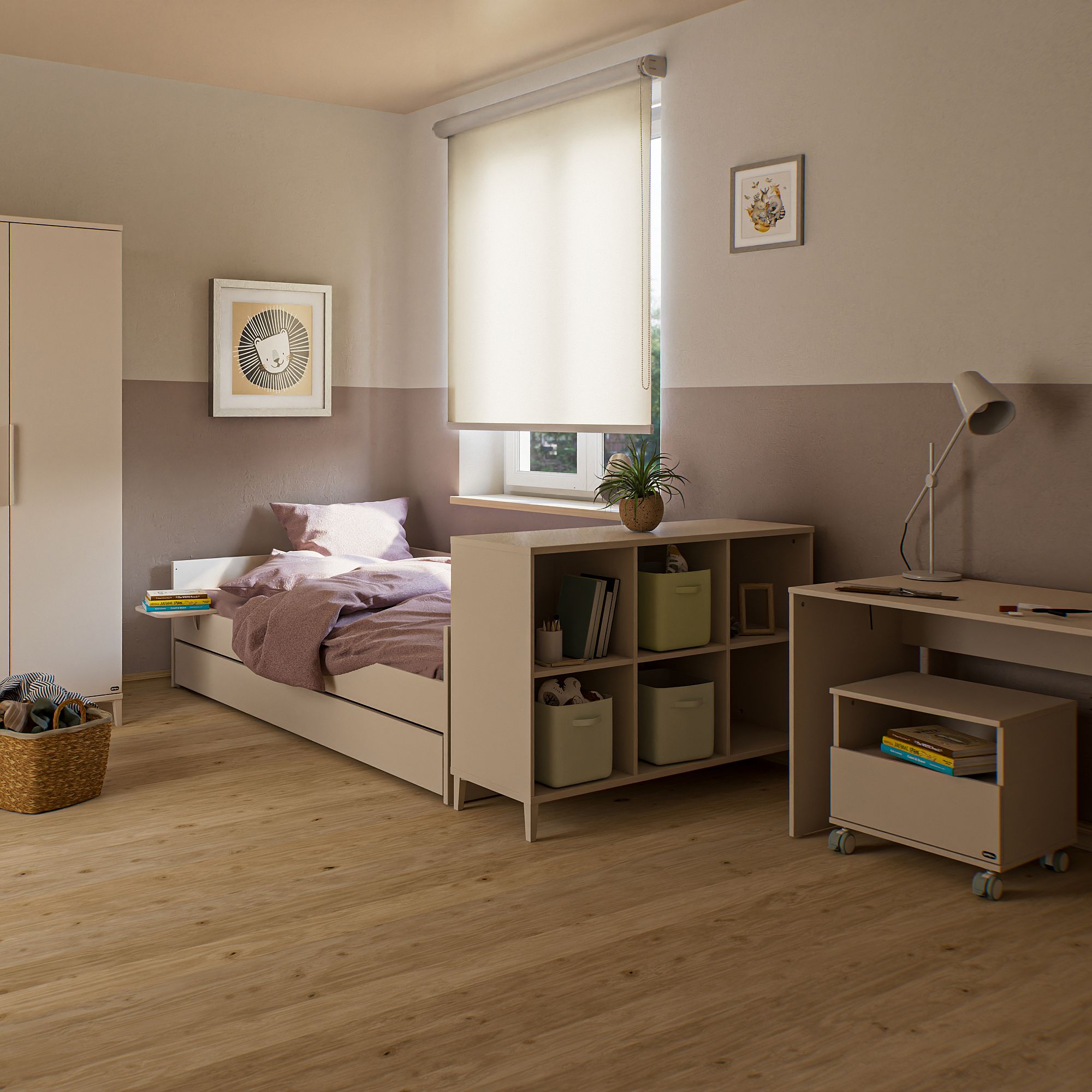 Minimalistisches Schlafzimmer mit einem Einzelbett, Schreibtisch, Regalen und sanftem Tageslicht.