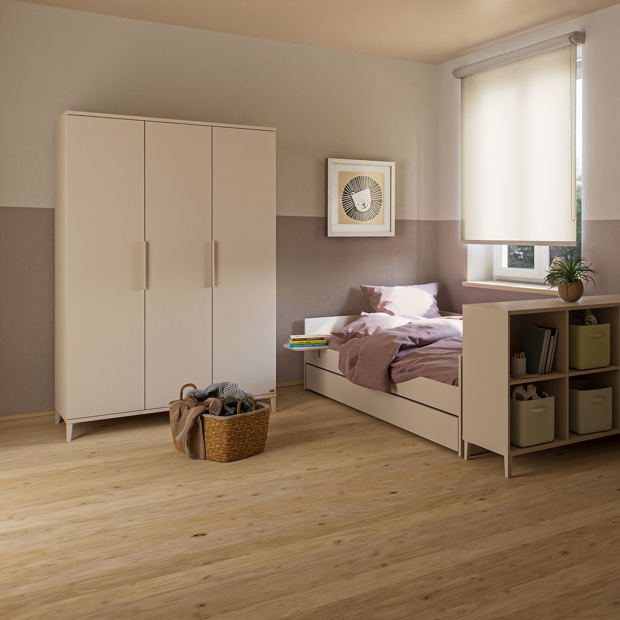 Minimalistisches Schlafzimmer mit Bett, Kleiderschrank, Regal und Fenster mit Jalousie.