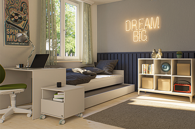 Modernes Schlafzimmer mit einem Bett, einem Schreibtisch und dem Neonschild DREAM BIG an der Wand.
