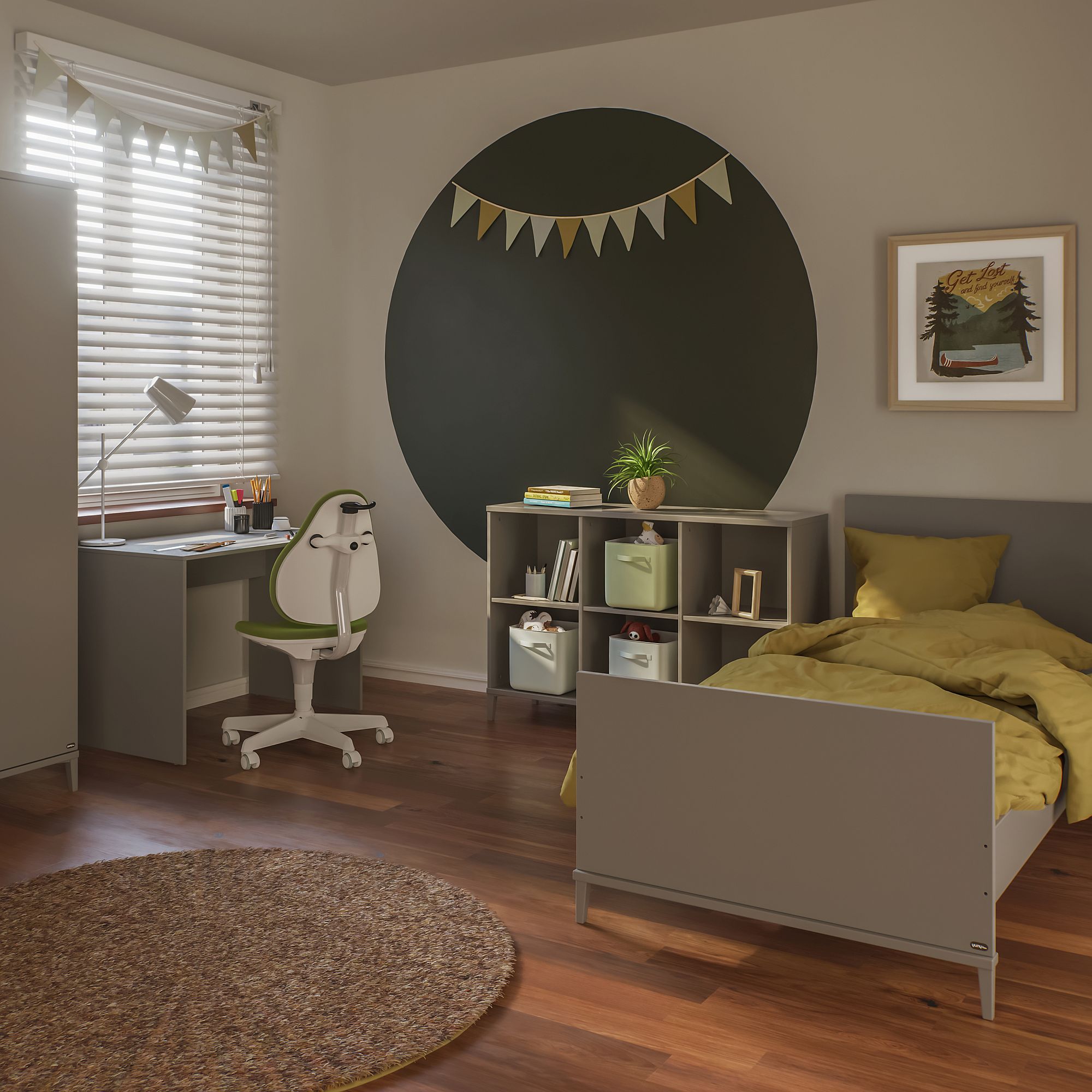 Modernes Kinderzimmer mit grüner Akzentwand, Bett, Schreibtisch und Aufbewahrungsregalen.